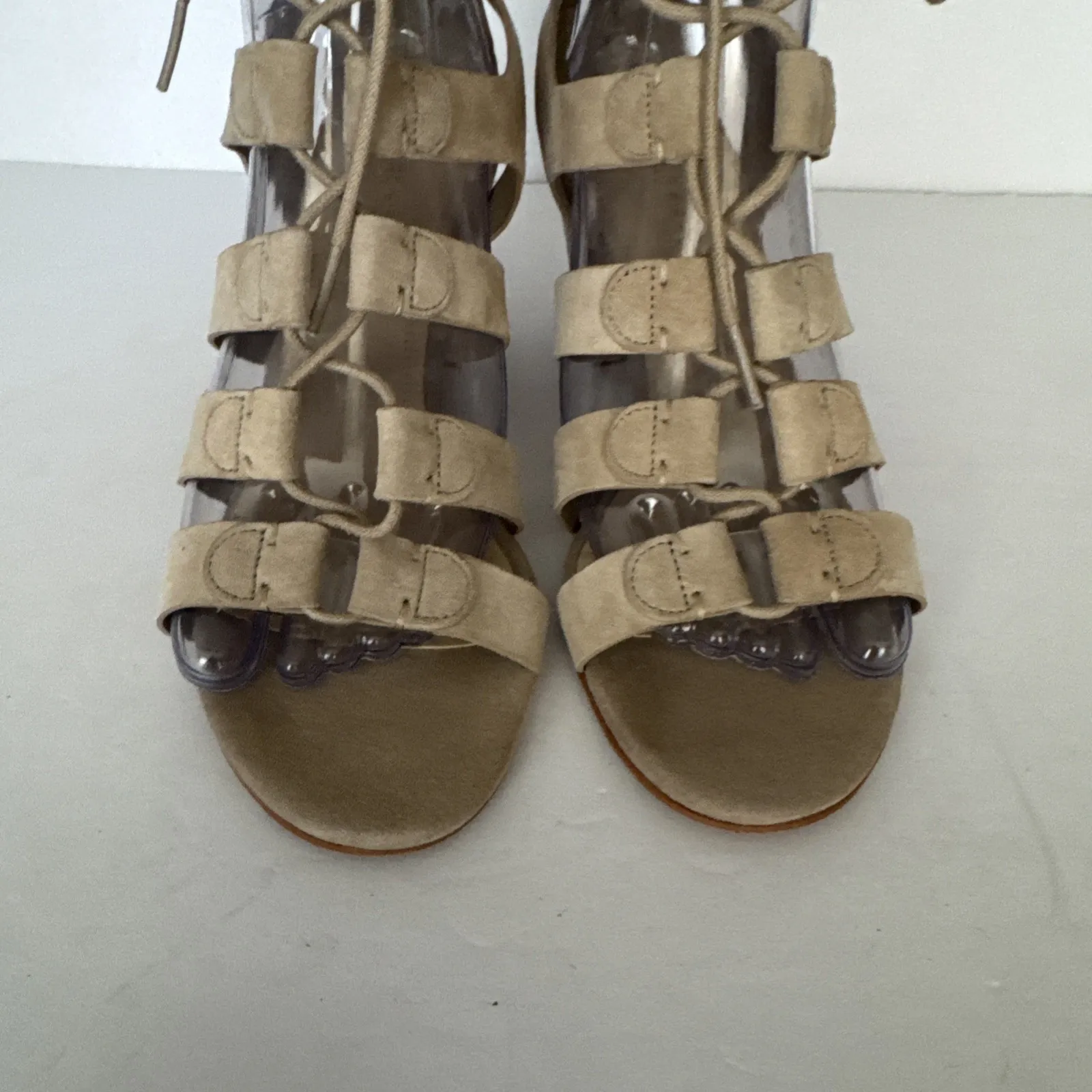 Marc Fisher Gladiator Heels Paradox Taupe Women 8 W Suede Lace Up Gold Zip Party - Image 3