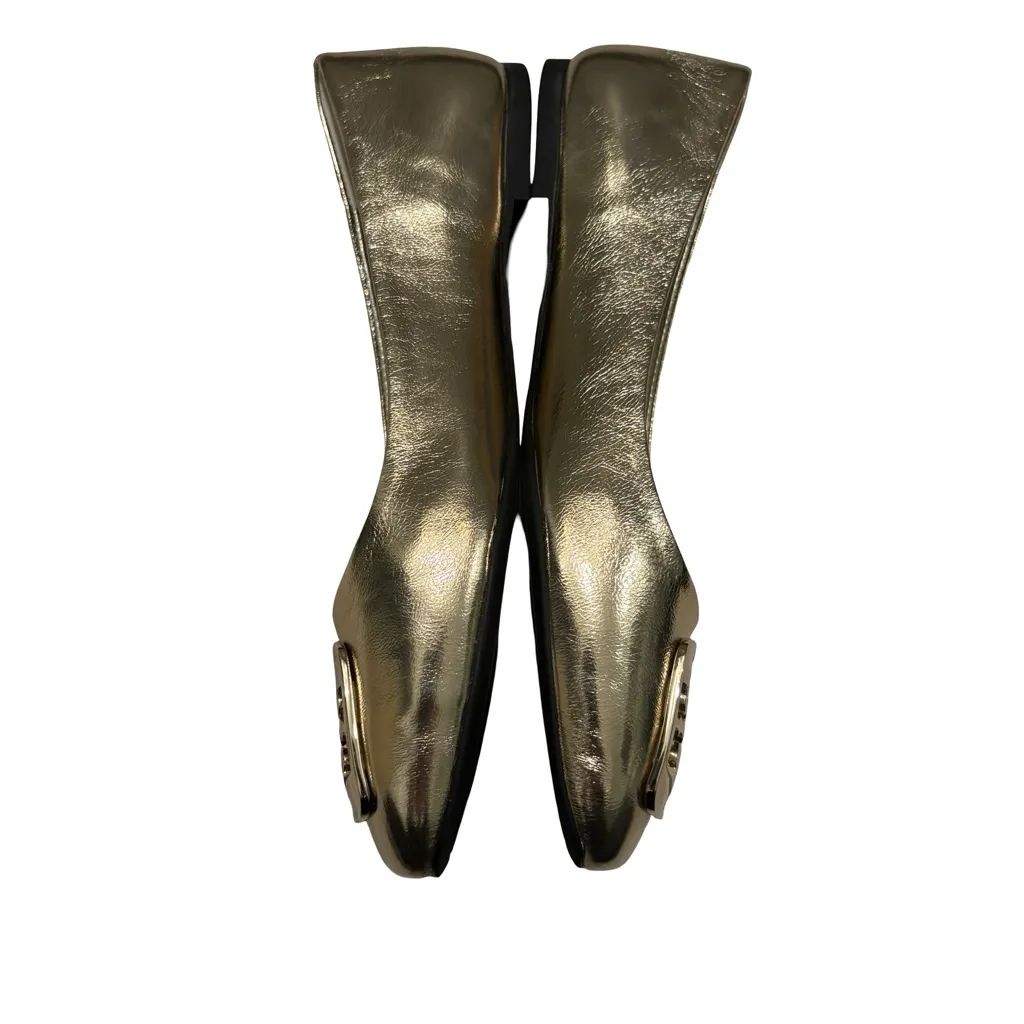 NWOT, Tory Burch Gold Metallic Square Toe Double T Logo Ballet Flats, Sz 6 - Image 10