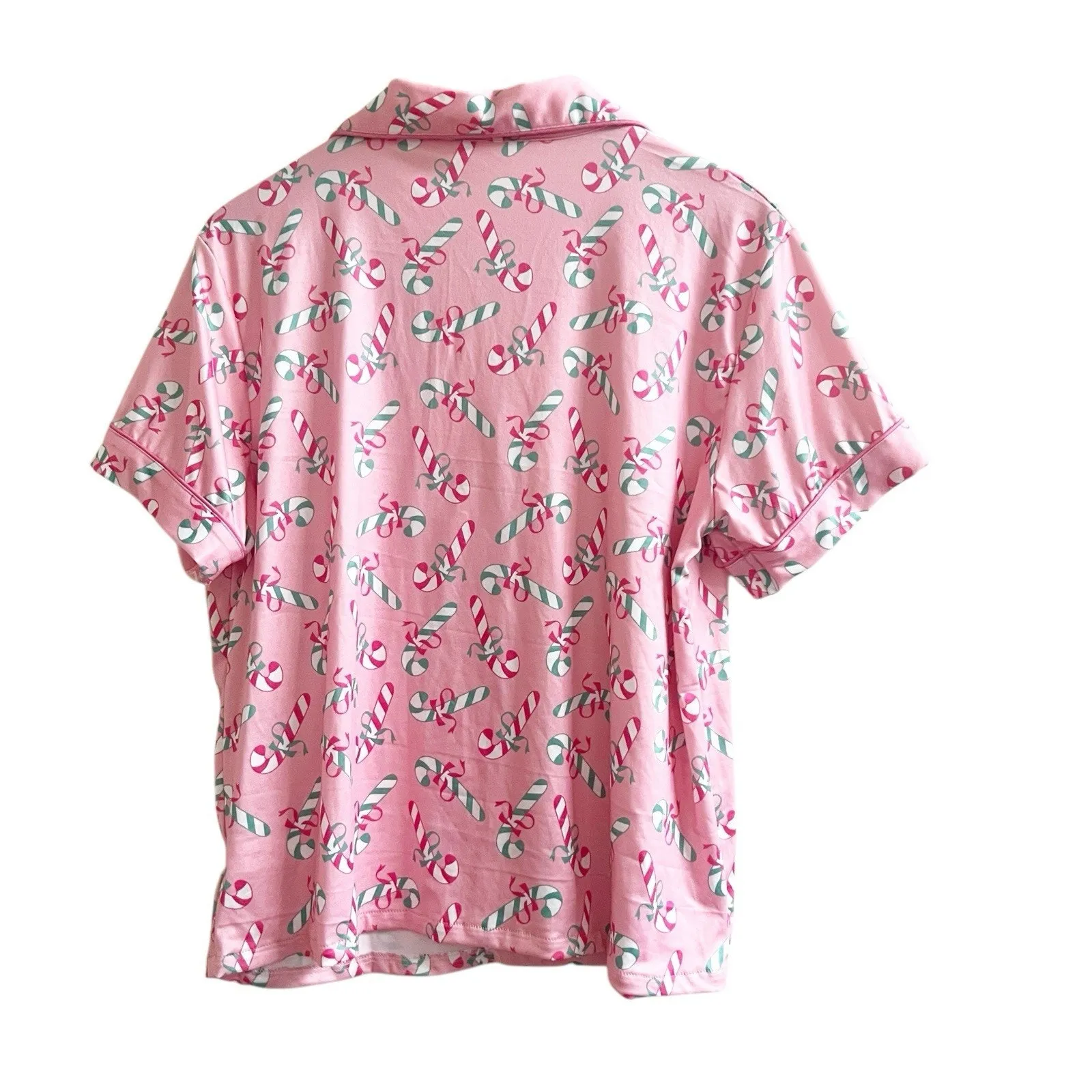Candy Cane Pajama Set Collared Button Front & Shorts Size Medium Pink Holiday - Image 3