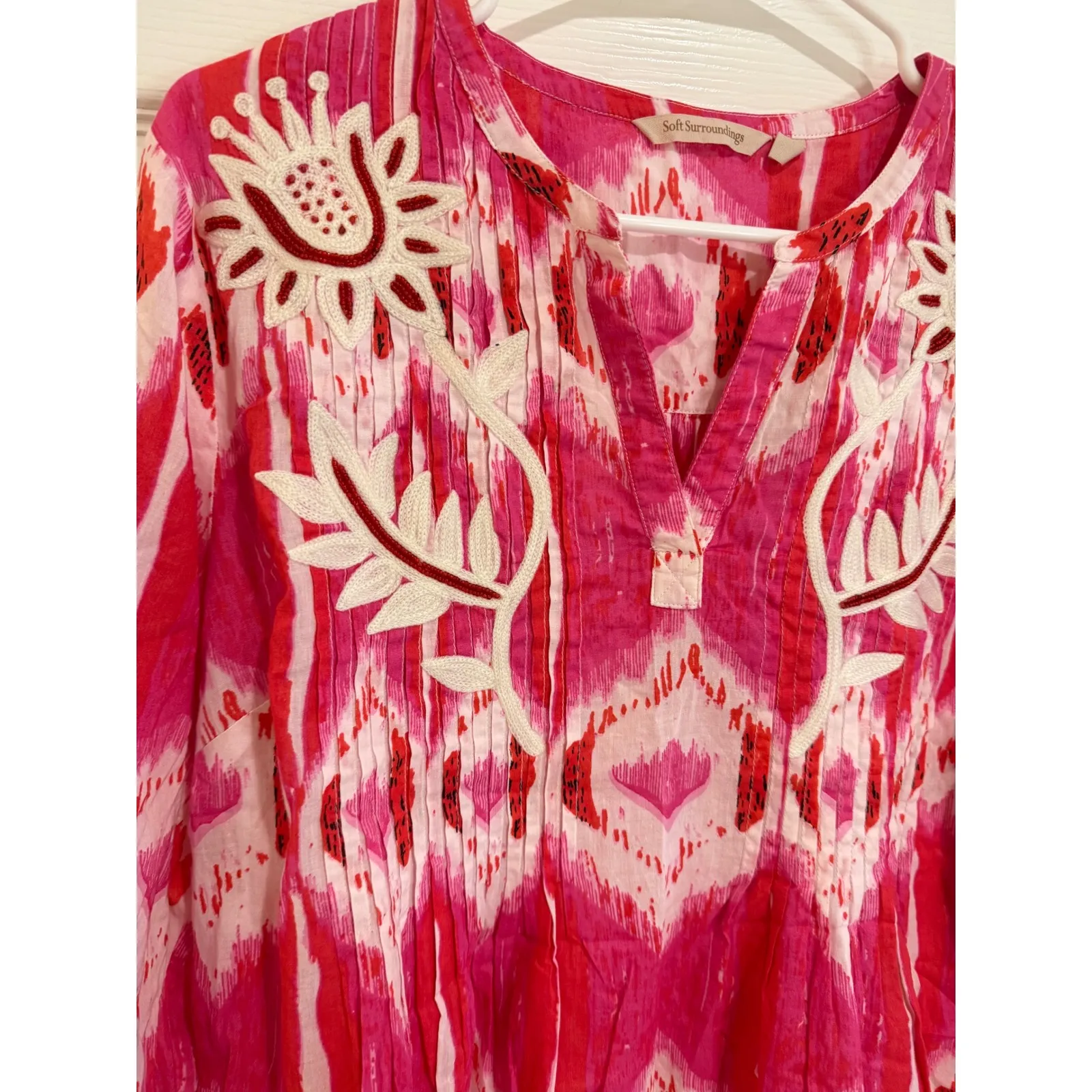 Soft Surroundings Embroidered Tunic Dress Pink White Ikat Print L - Image 3