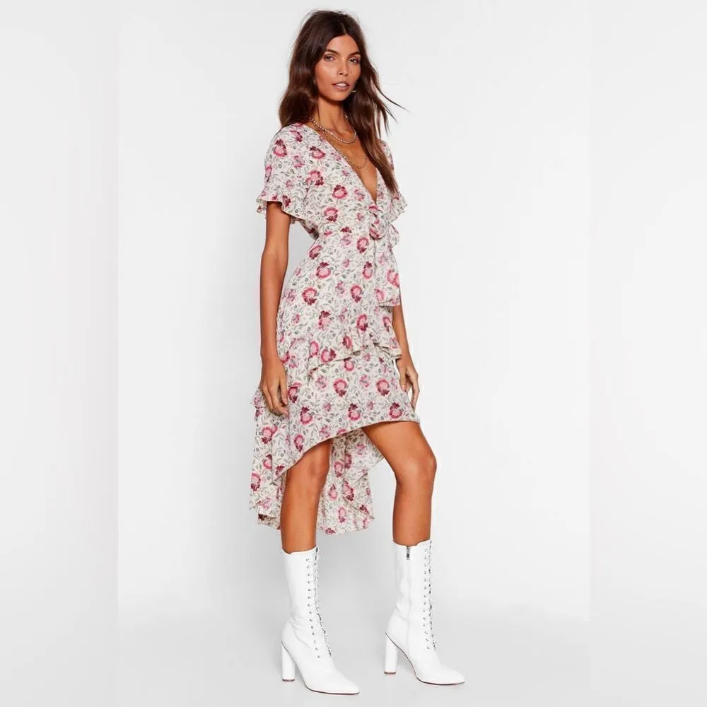 NWT Nasty Gal‎ Floral V Neck Playing for Flower hi Low Midi Dress Size 2 Blue - Image 2