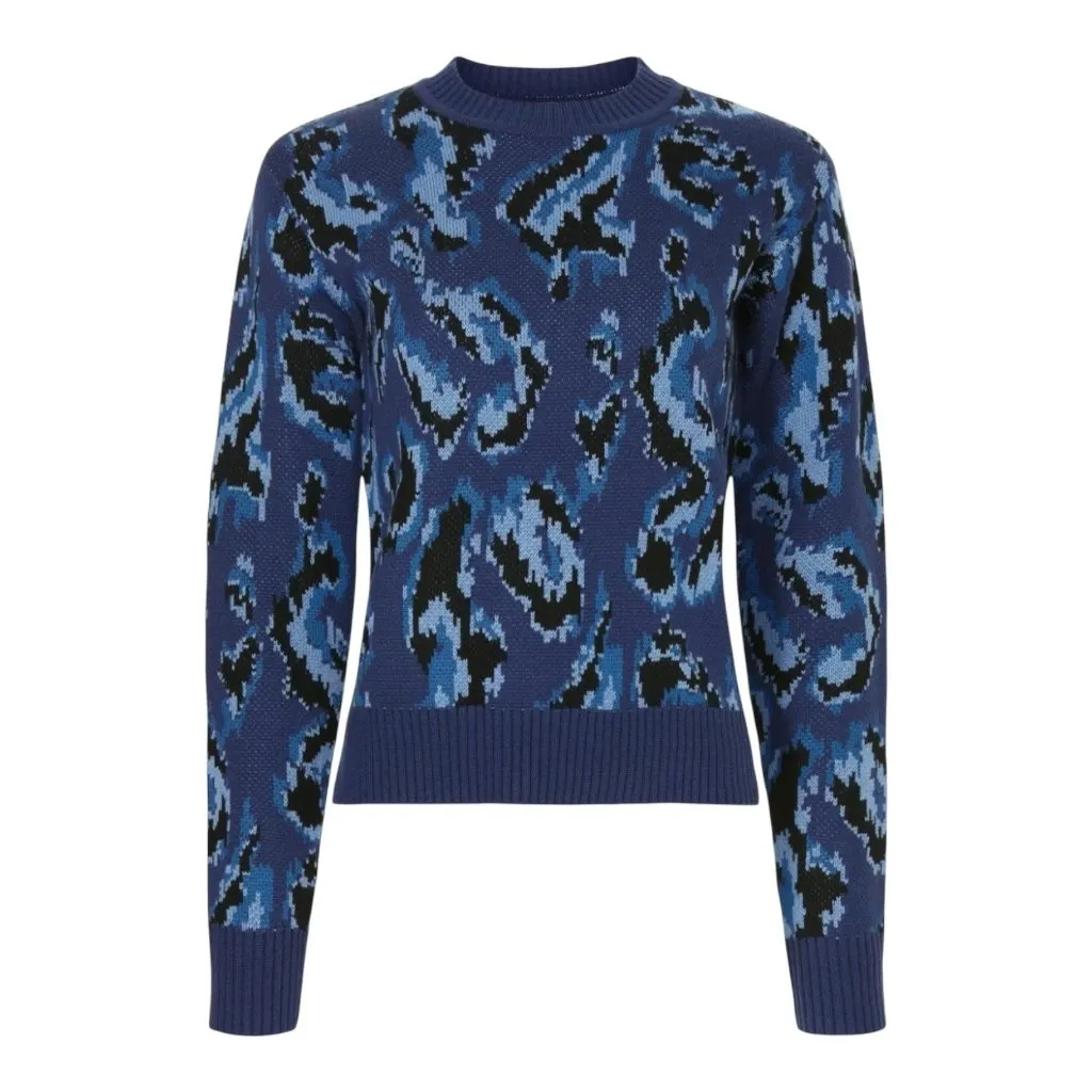 Derek Lam Collective Blue Black Animal Print Crewneck Sweater Large Long Sleeves - Image 3