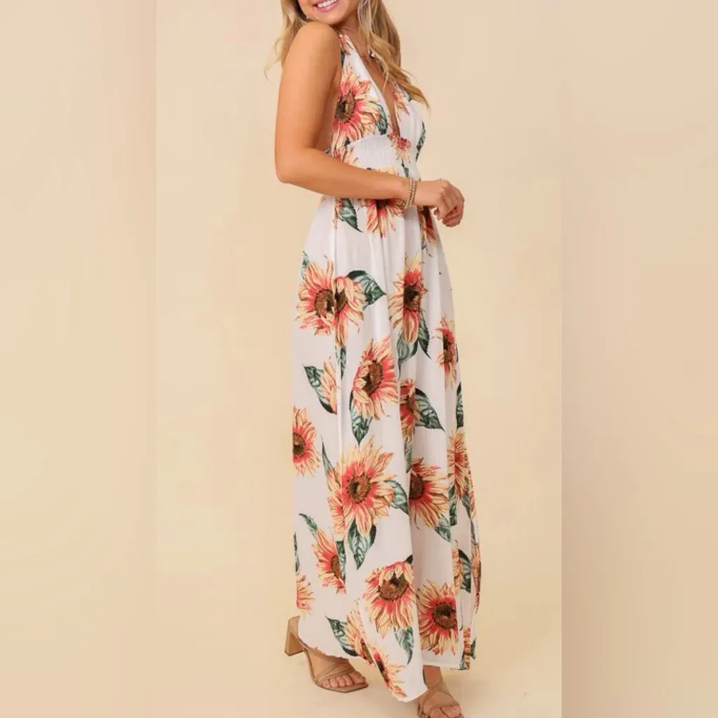 NWT Timing LosAngeles Sunflower Maxi Dress in White and Orange Size SMALL - Image 3