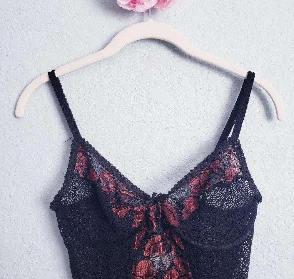 Vintage Union Made Alana Gale Black and Red Lace Mesh Floral Lingerie Bodysuit Size L - Image 5