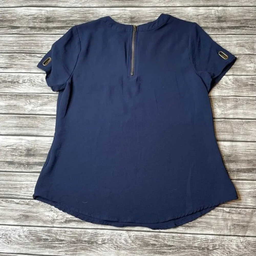 Mine Casual Short Sleeve Top Shirt Blouse Dark Navy Blue Brushed Gold S SM Small - Image 4