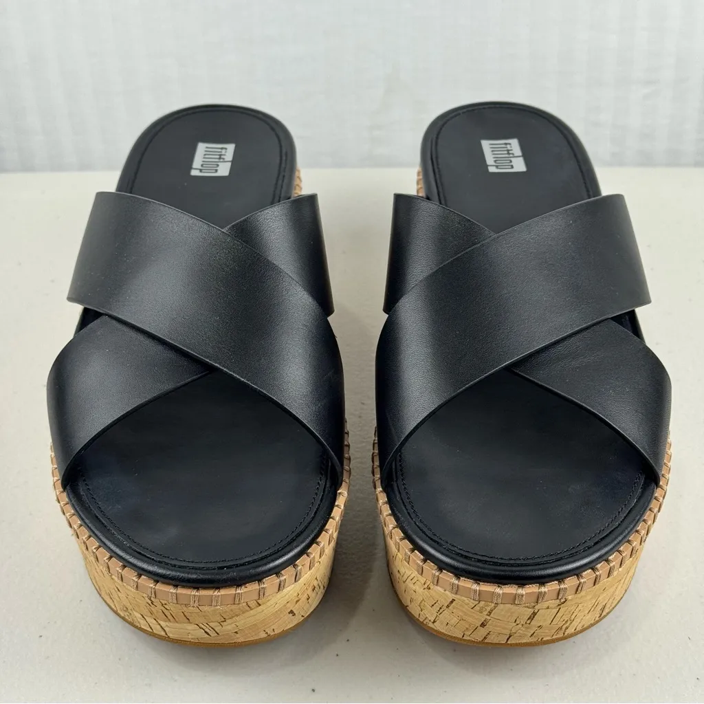 Fitflop Eloise Black Leather Wedge Cross Slide Cork Wrap Platform Sandal Size 10 - Image 2