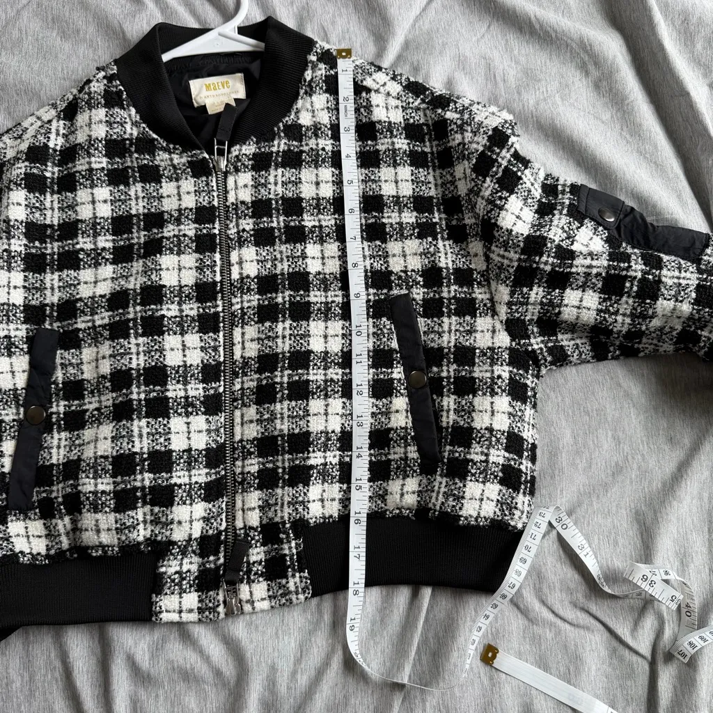 Anthropologie Maeve Plaid Tweed Bomber Jacket M Crop Black White Academia Boho - Image 12