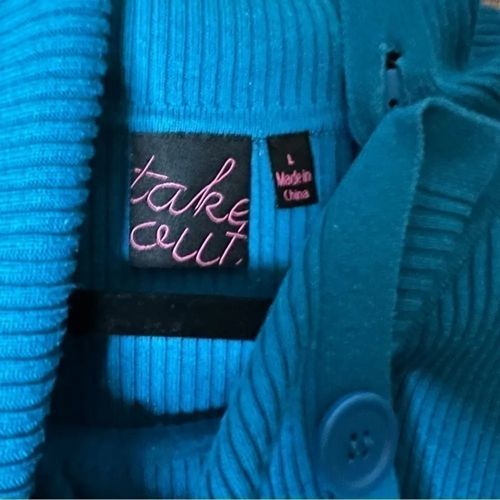 Take Out Turquoise Turtleneck Button Accent Elbow Length Sweater Dress Large Blue - Image 7