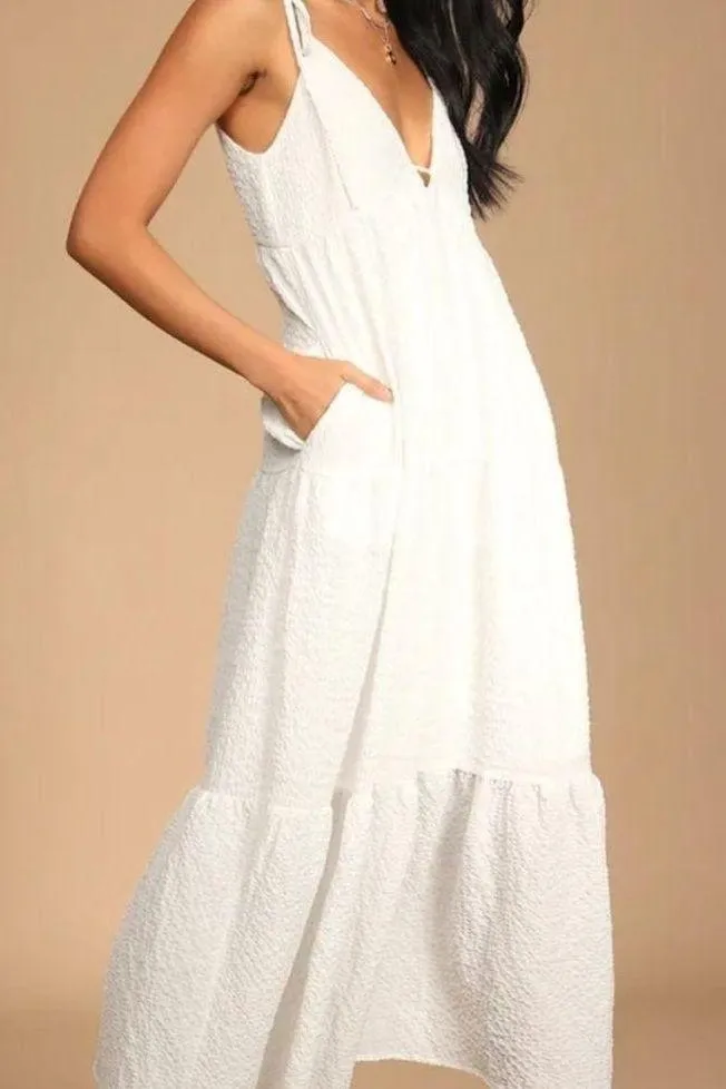 Lulus Let the Sun Beam White Tie-Strap Tiered Pocket Midi Dress - Image 3