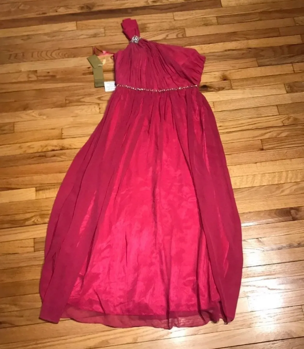 One Shoulder Asymmetric Formal Evening Prom Gown Chiffon Overlay Embellished Bright Fuchsia Hot Pink Colorful Chiffon Coastal Coquette - Image 5