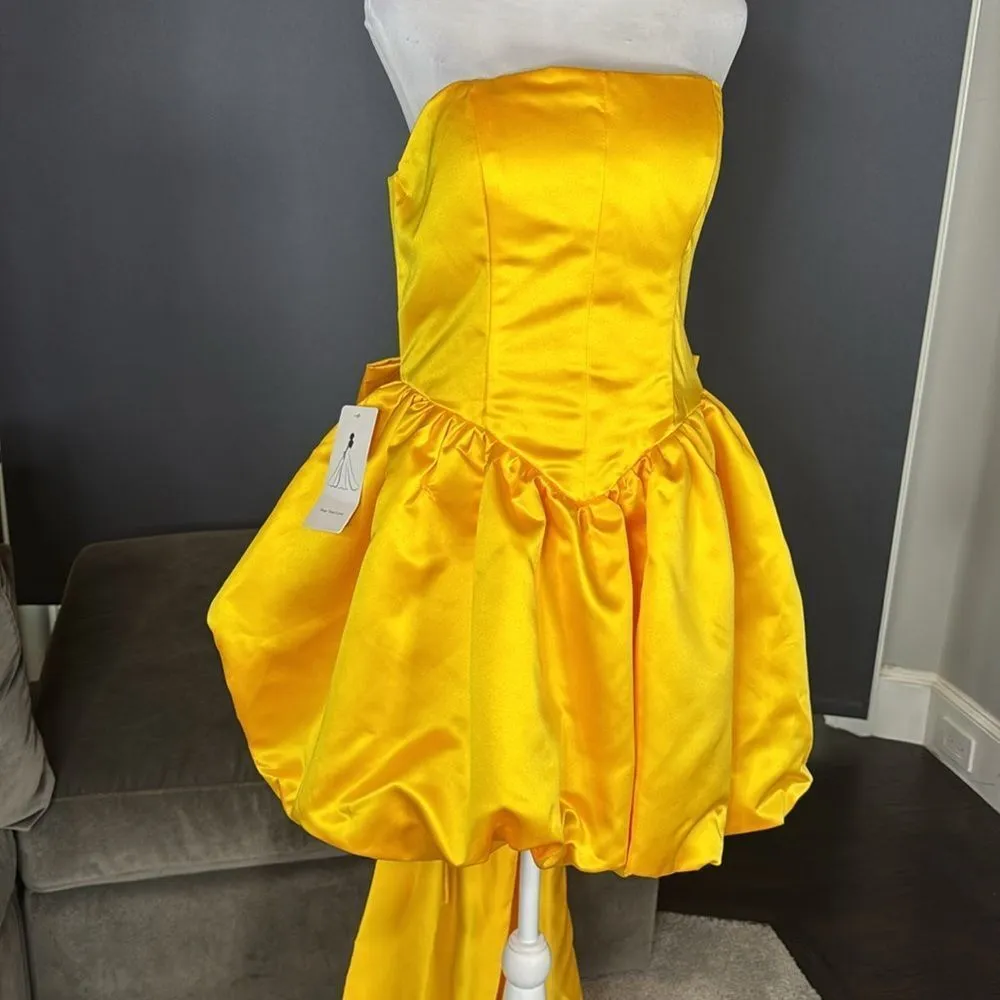 Short Yellow Strapless Homecoming Prom Dress Corset Back Bow Puffy Skirt Size M Yellow Size M - Image 2