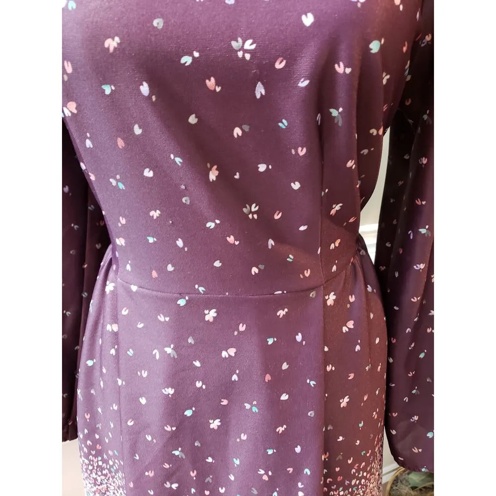 Vintage Purple Floral Midi Dress Boho Long Sleeve M Retro Modest Large - Image 4