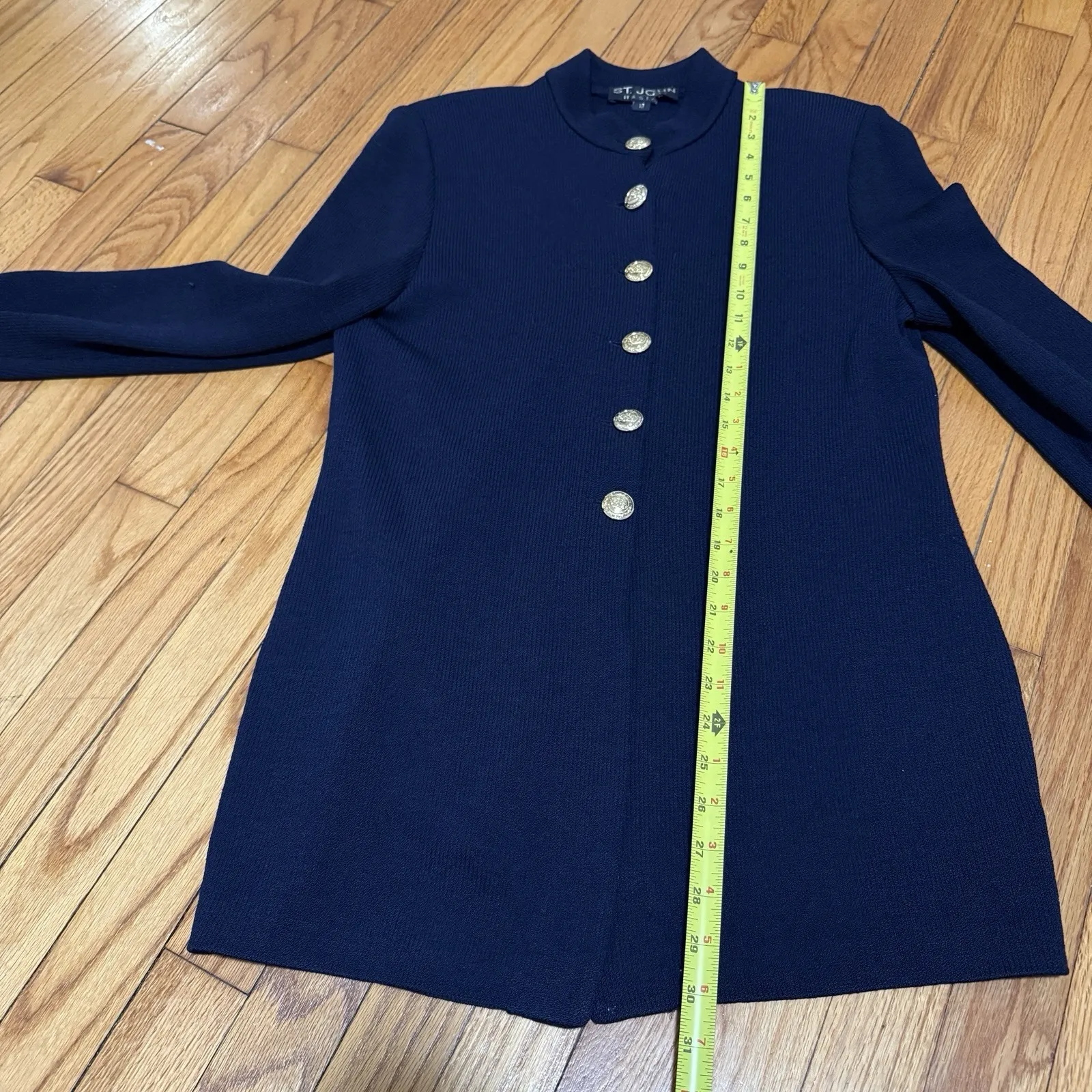 St. John Santana Knit Navy Blue Long Cardigan Sweater Jacket Gold Buttons - Image 5