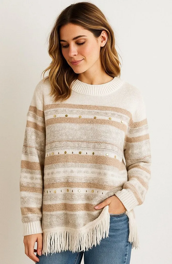 Alfred Dunner Striped Fringe Sweater Cozy Knit Classic Cottagecore Boho Large - Image 1