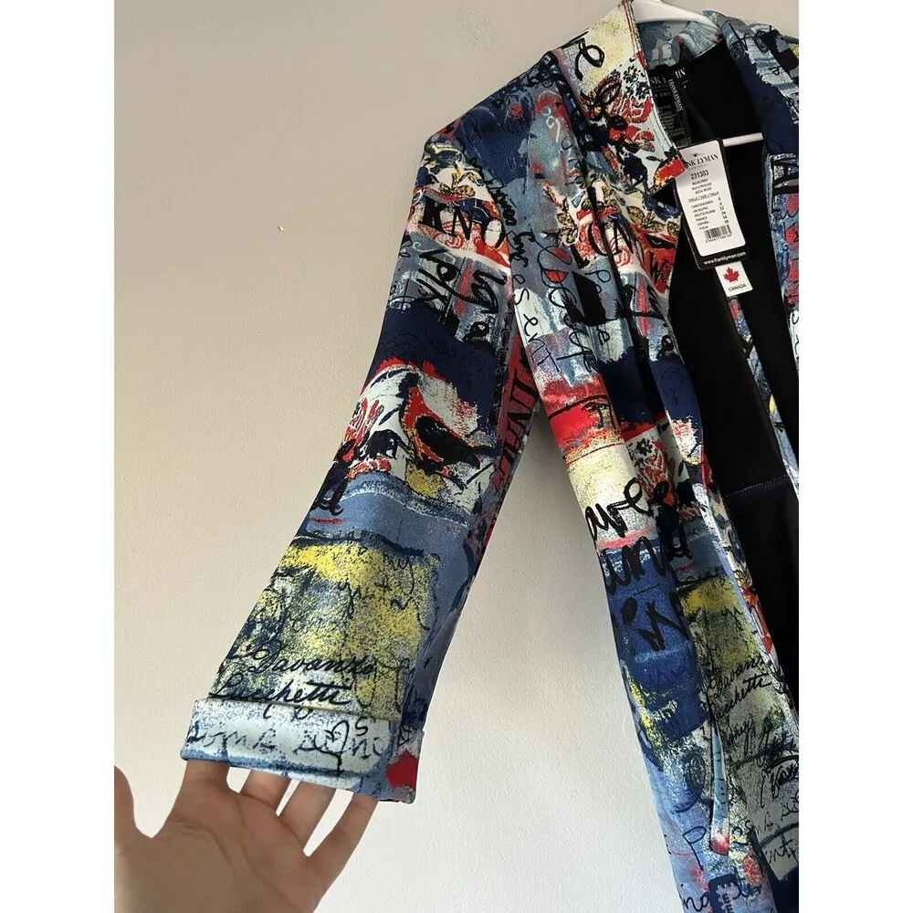 Frank Lyman Blue/Red Abstract Print Open Front Blazer Size 4 Art To Wear Luxury Blue - Image 11