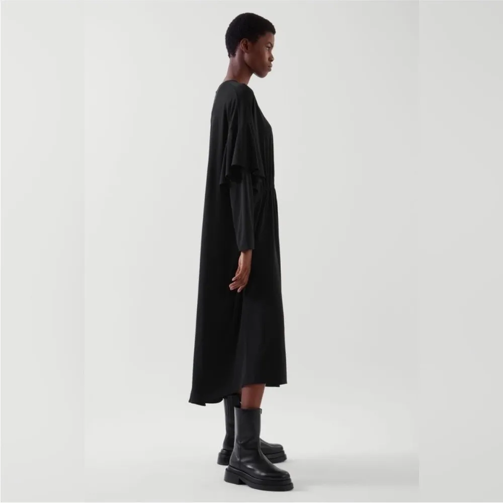 COS Black V-Neck Draped Midi Dress XS/S Long Sleeve Elastic Waist - Image 3