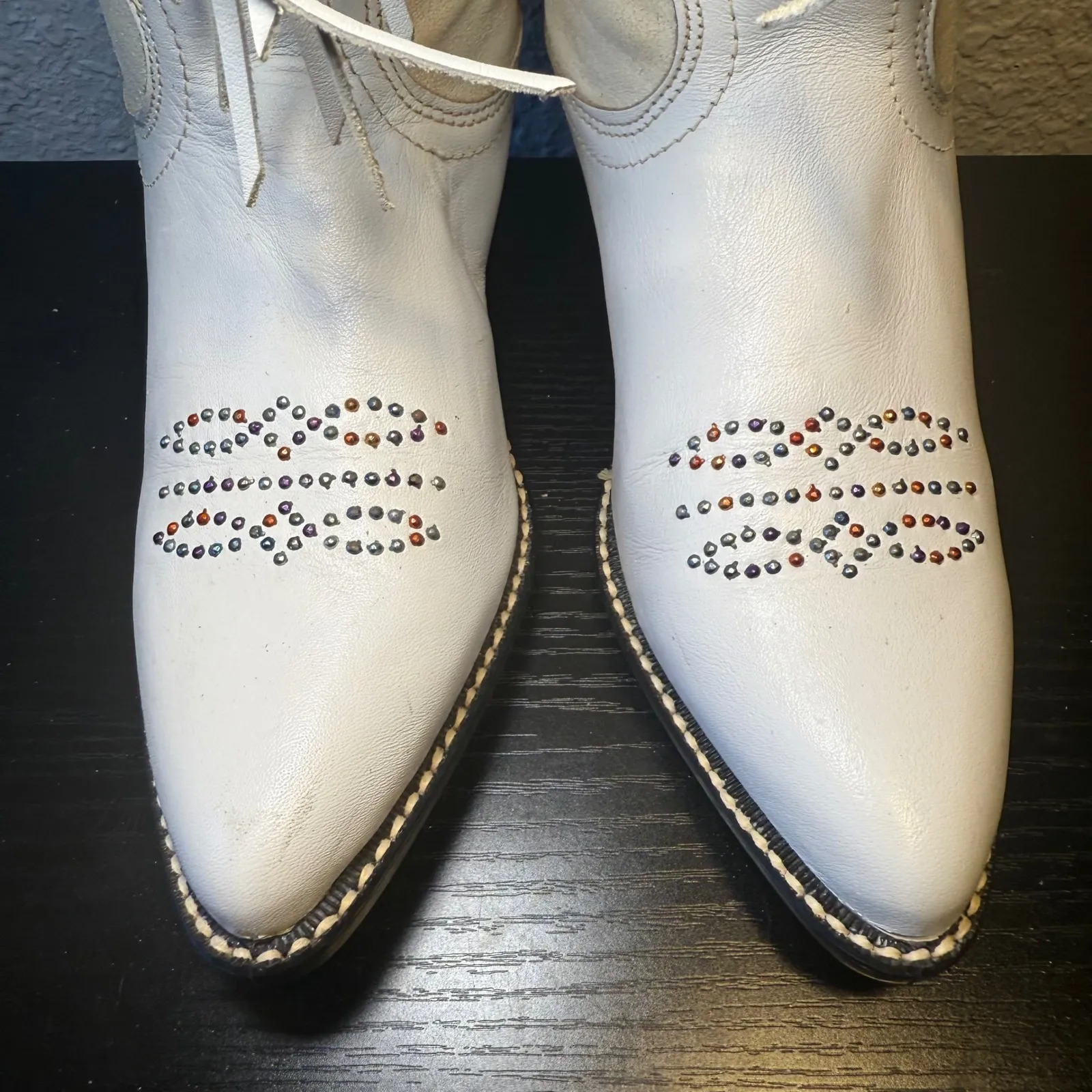 VTG ACME White Fringe Leather Western‎ Cowgirl Boots Womens 5.5 Embellished USA - Image 8