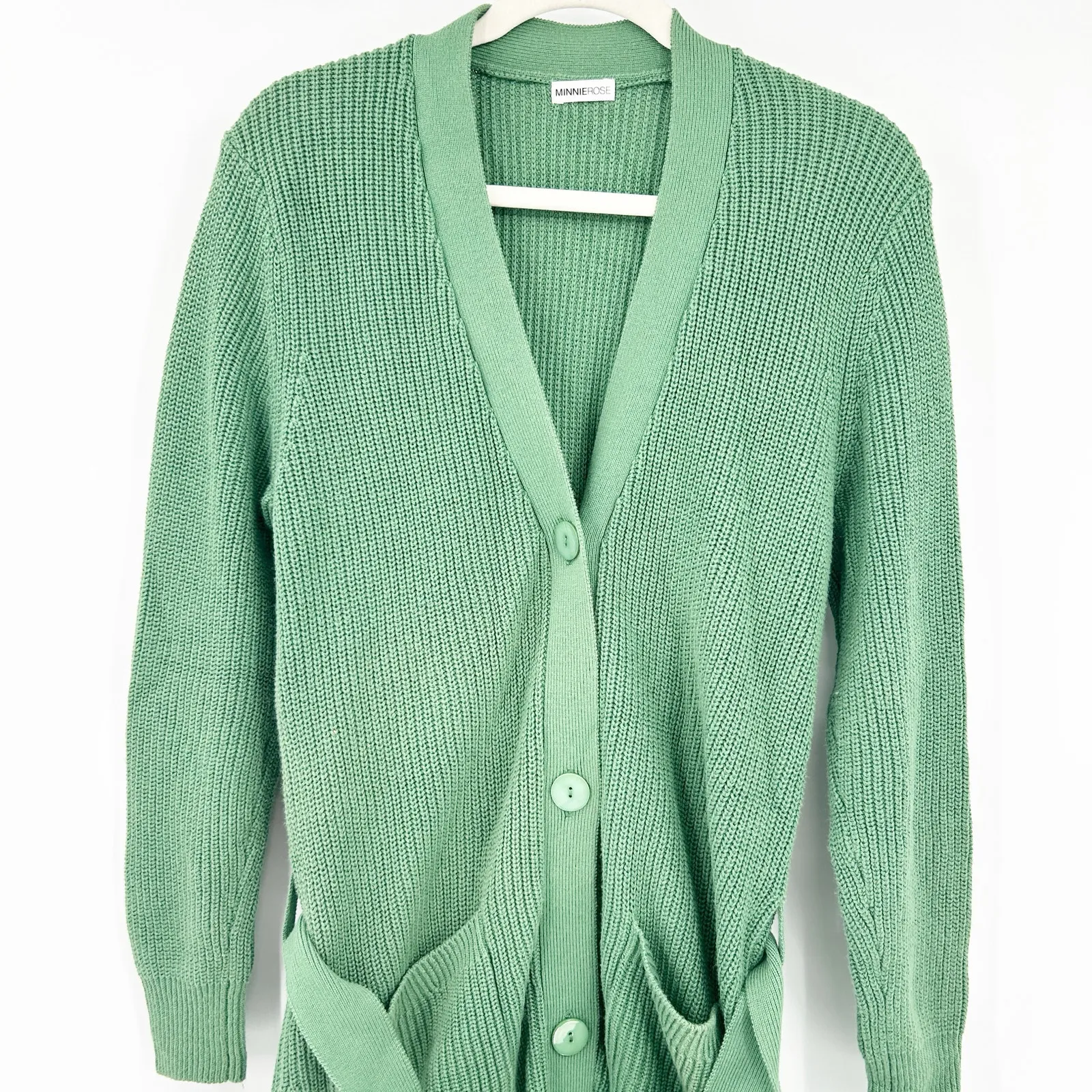 Minnie Rose Women Knit Cotton Cashmere Belted Long Duster Cardigan Sweater Green - Image 4
