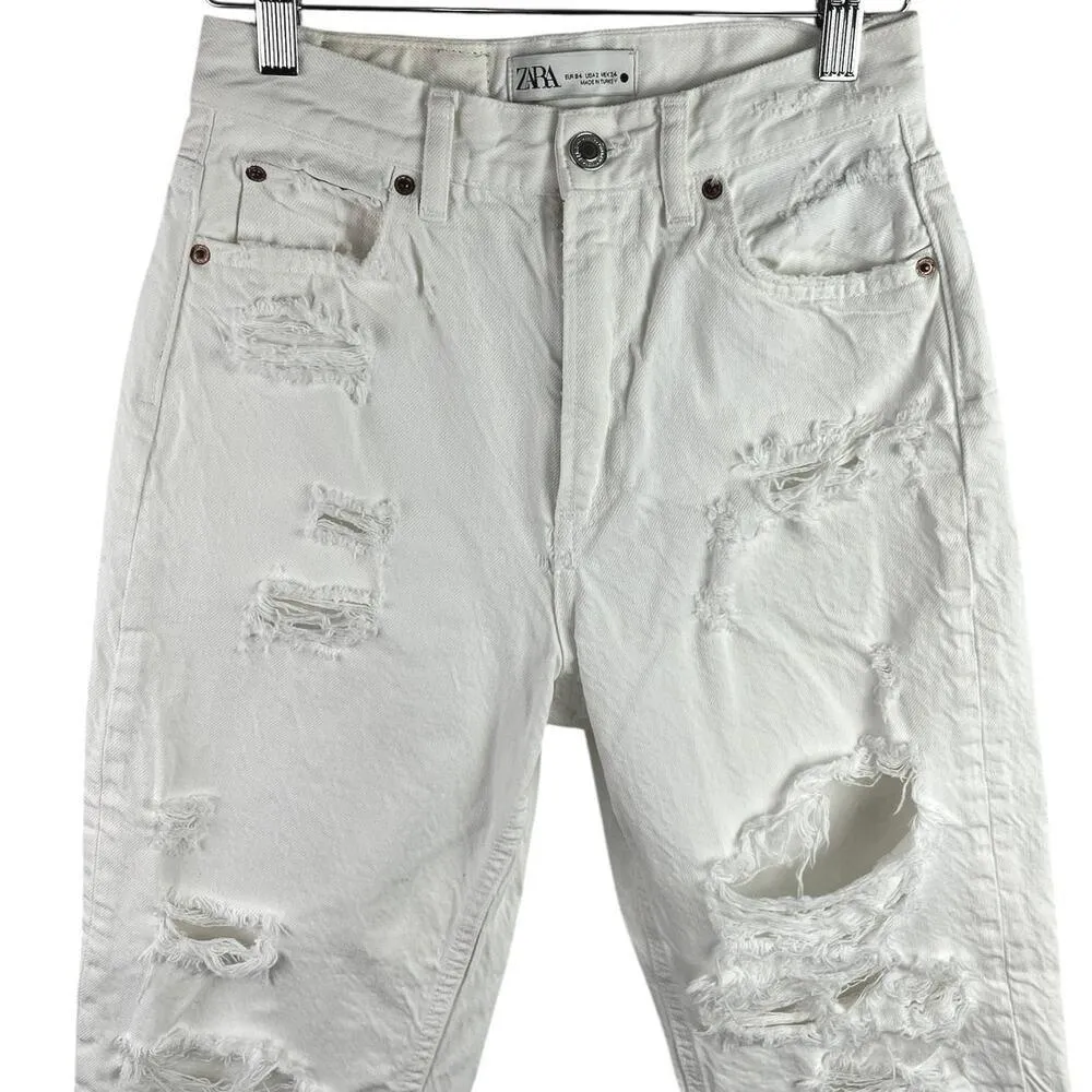 Zara The Pepper Mom Women's White High Waisted Distressed Denim Jeans Size 2 - Image 3
