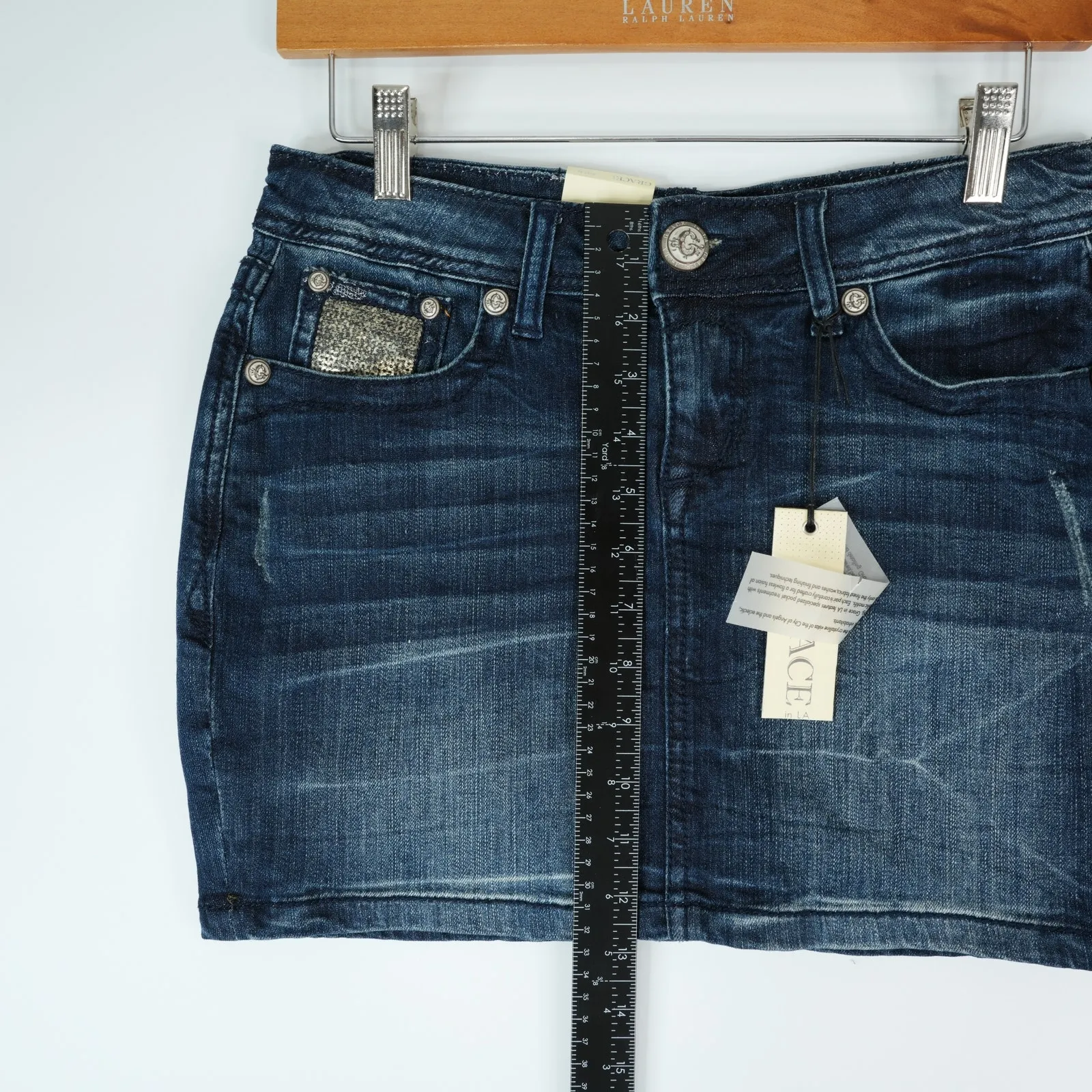 Grace in LA Skirt Womens M Embellished Rhinestone Peace Sign Designer Denim Jean Blue Size M - Image 9