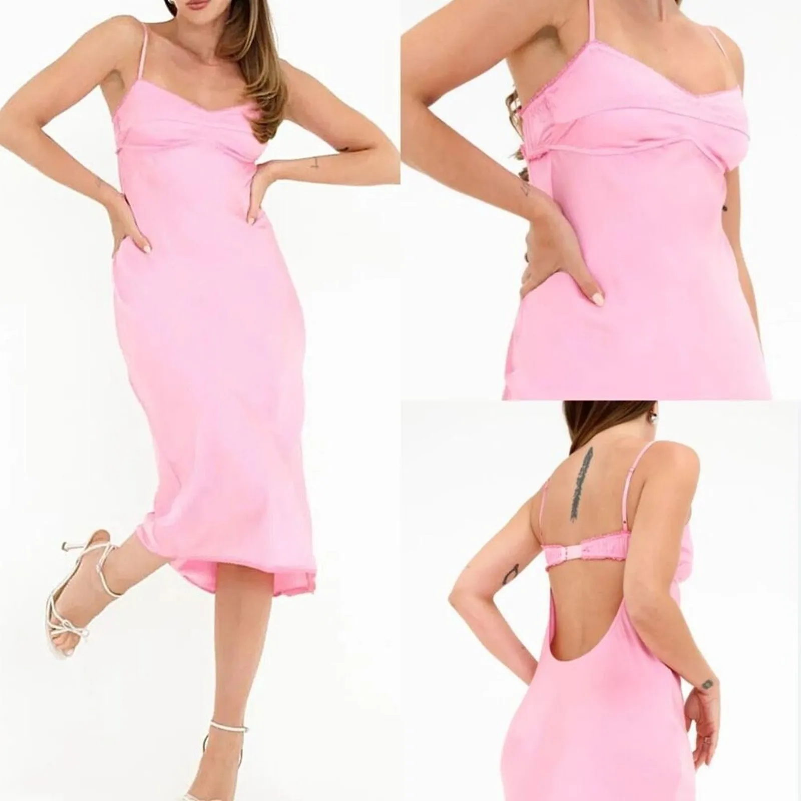 Rumored Monroe Midi Dress Bonbon Pink MEDIUM Satin Flowy Cocktail‎ Sexy - Image 2
