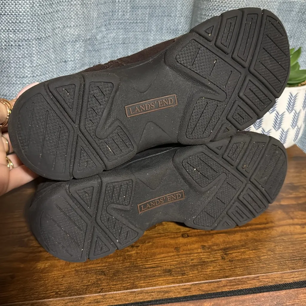 Lands' End Chocolate Brown Suede Quilted Winter Boots Side Zip Pull On 8.5 Comfy - Image 4