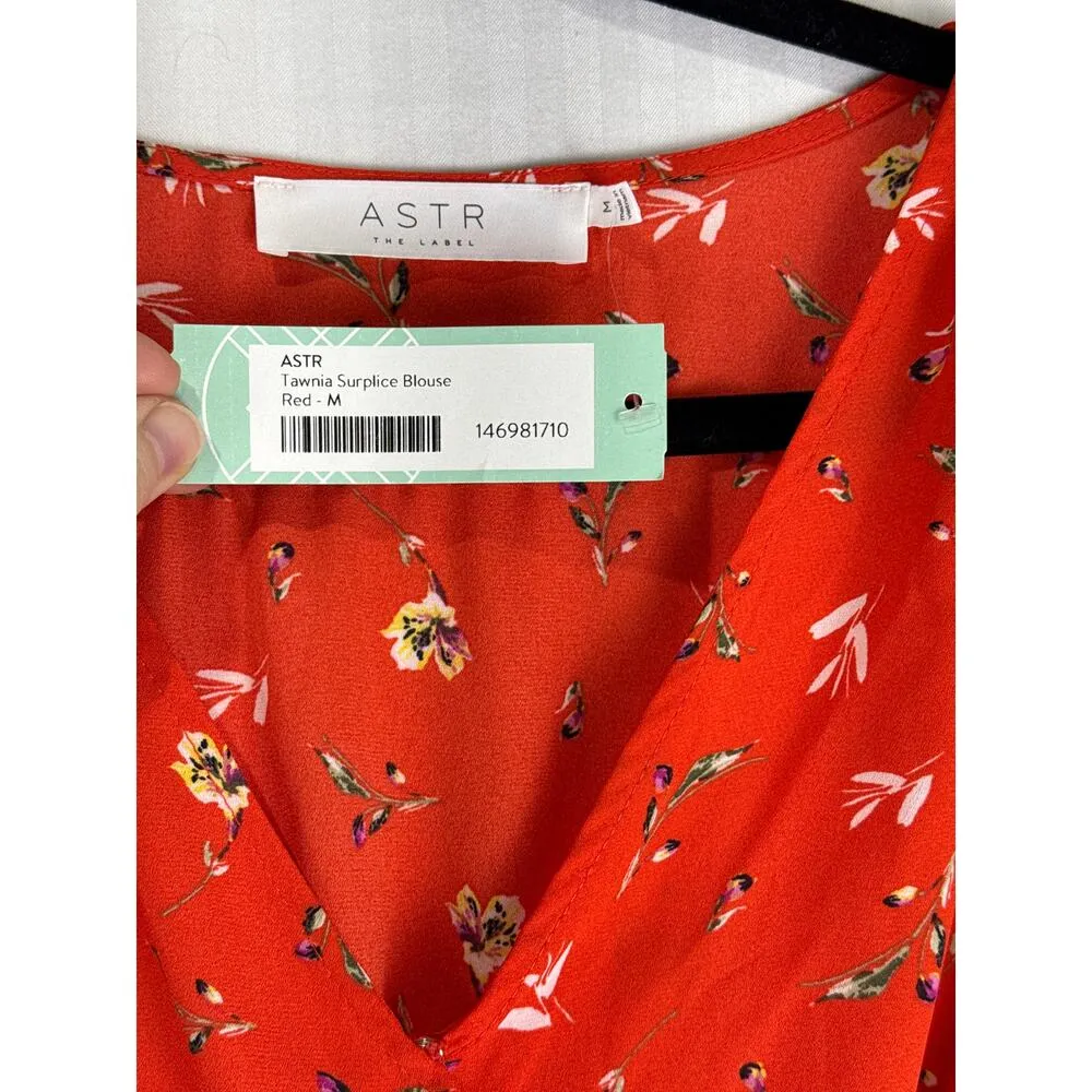 ASTR Tawnia Surplice Blouse Medium Red Floral Flutter Sleeve Peplum Wrap Tie - Image 5