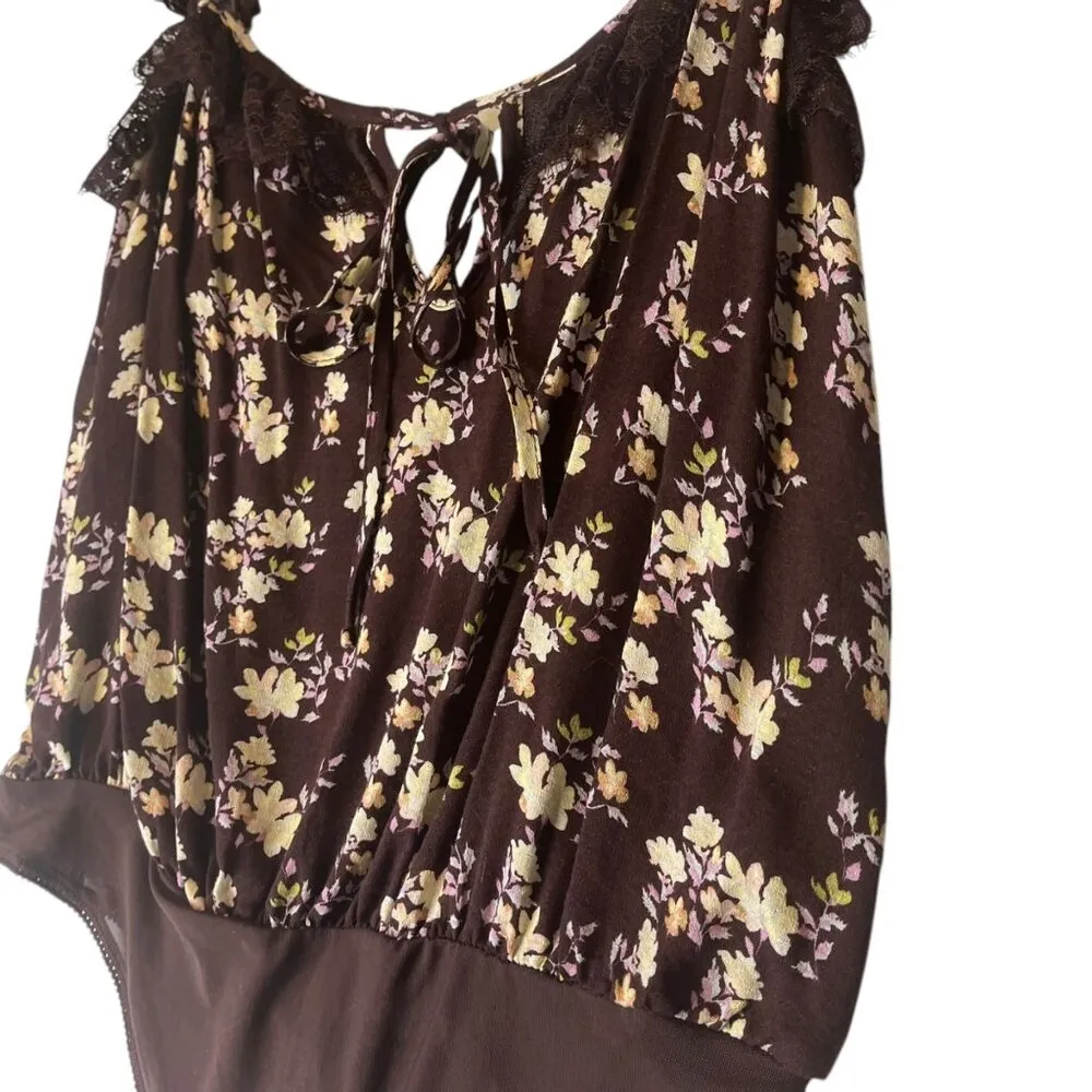 Free People Take It Away Floral Lace Bodysuit‎ Size S Chocolate Merlot Lace Trim - Image 3