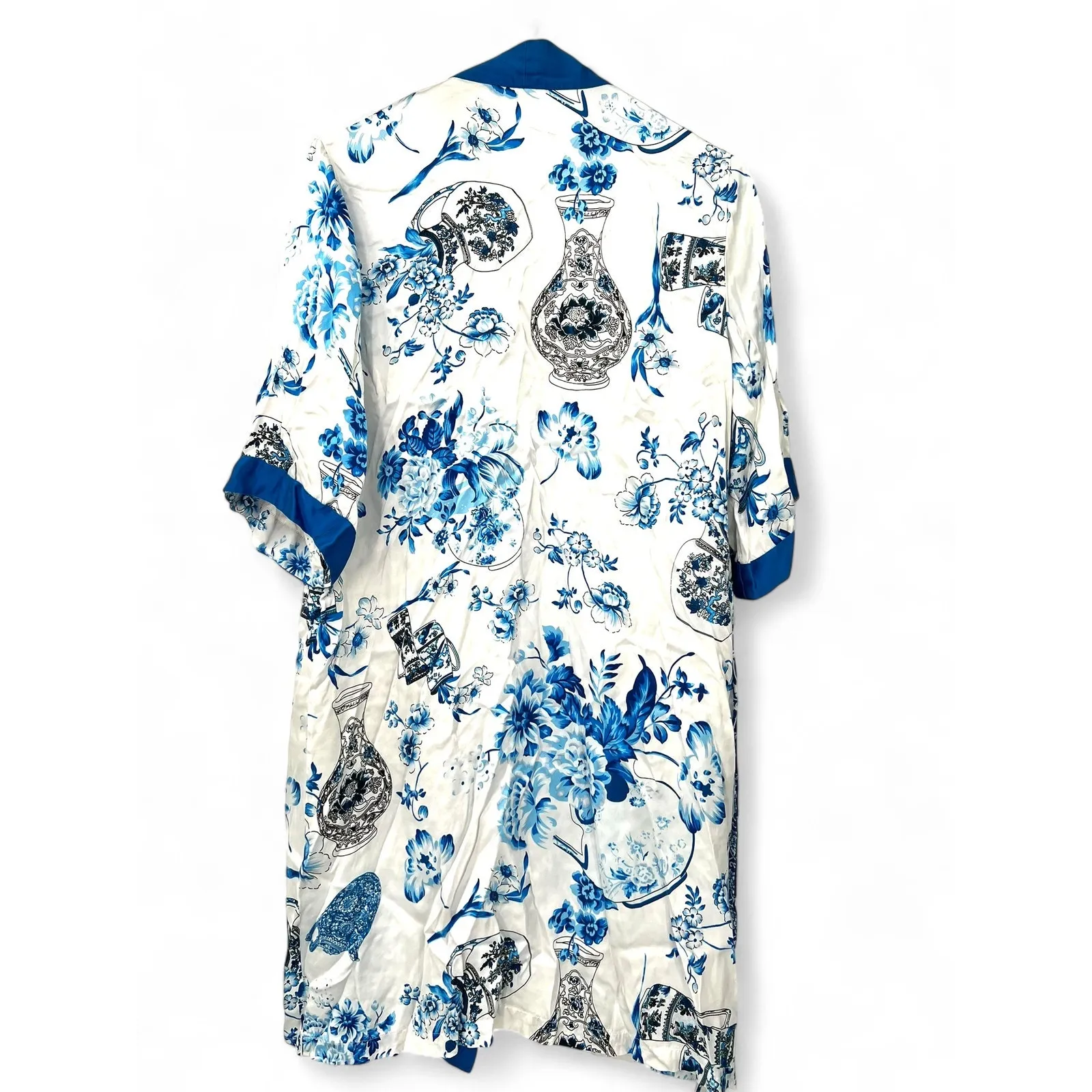 ASilk Japan 100% Pure Silk Japanese Short Robe Sleepwear Flowers Vases Luxury Blue Size XL - Image 3