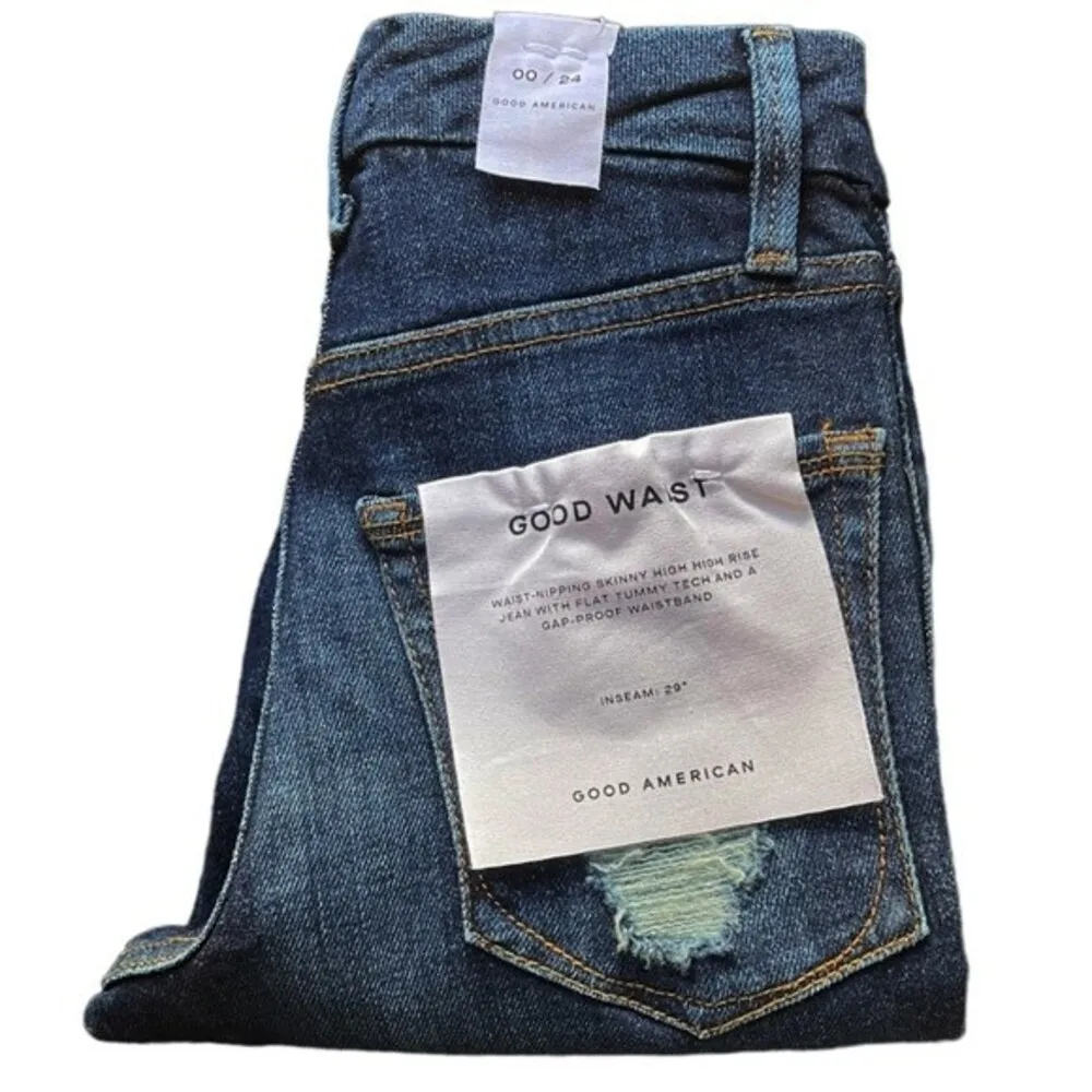 NWT Good American Good Waist Jeans Dark Wash Distressed Back Pockets Size 24 NEW - Image 9