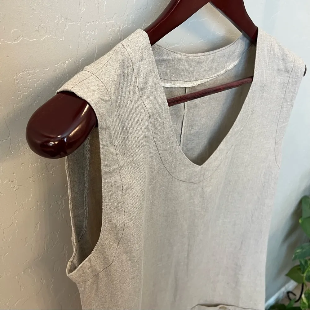 Boutique Linen tunic top Lagenlook asymmetric , pockets, sleeveless, tan, sz M - Image 2