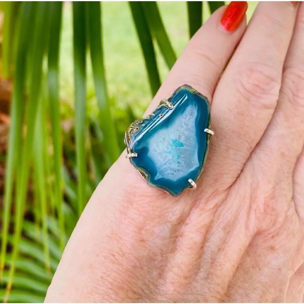 Marine Blue Agate Geode Sterling Silver Ring Size 6 - Image 11