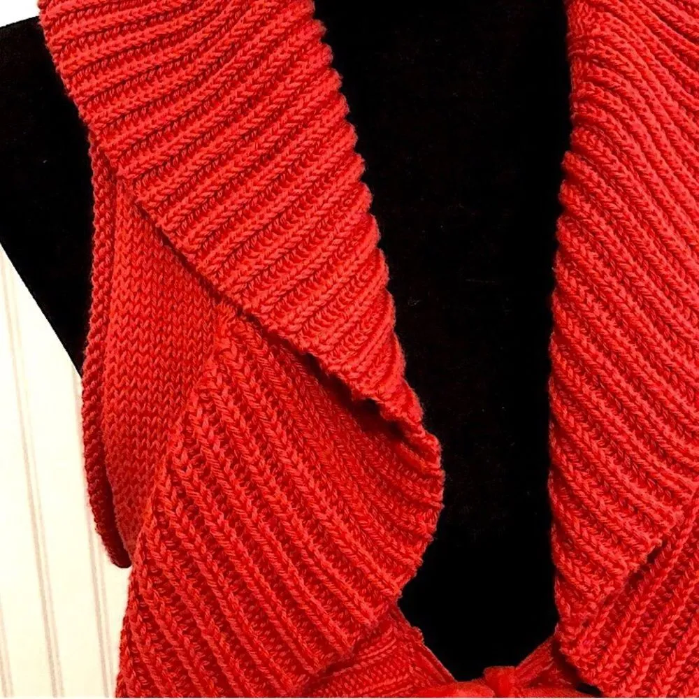 HANDKNIT Women’s Red Boho Chic Ruffle Knit Longline Vest Tie Front Sz SM - Image 4