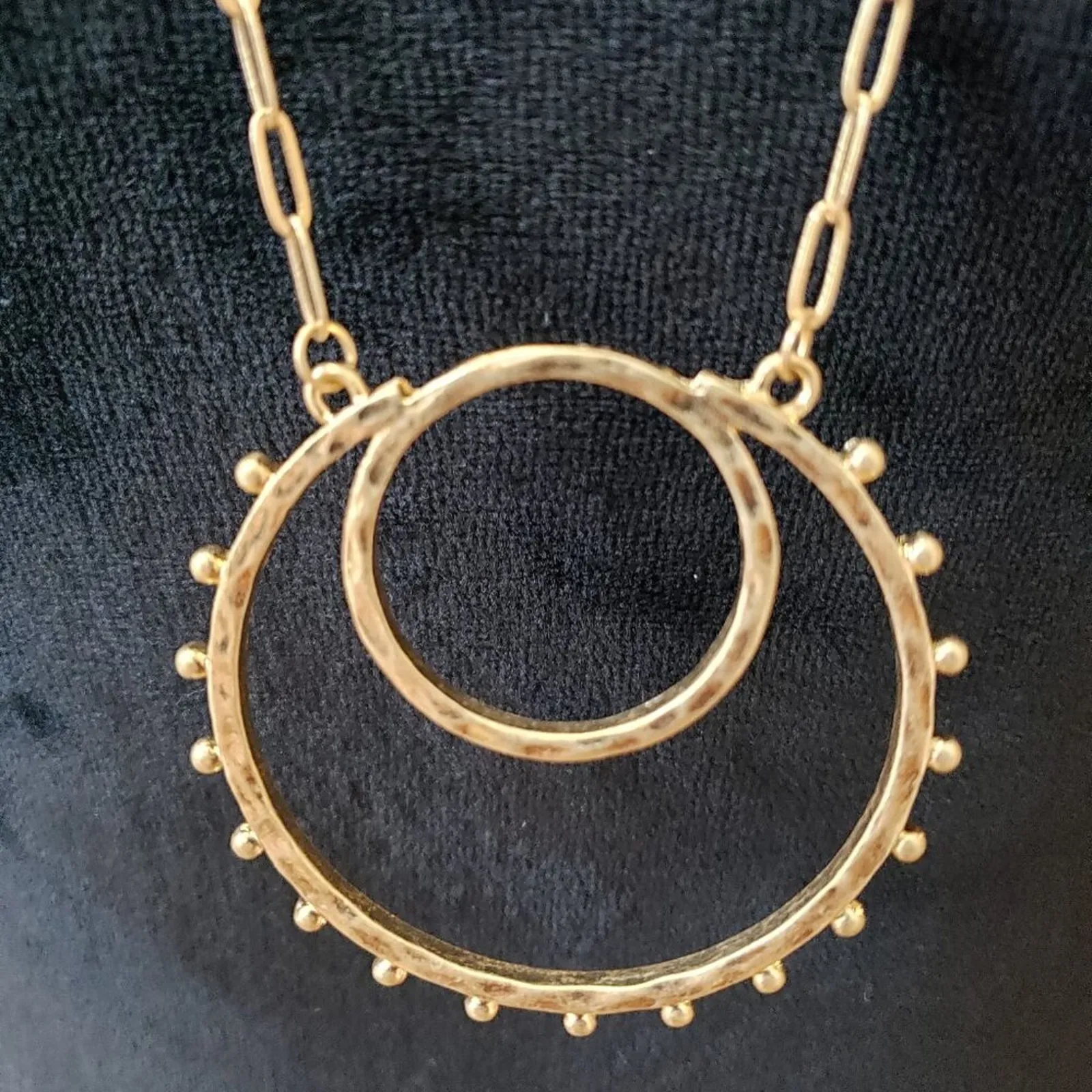 Womens Fashion Gold Tone Double Circle Long Pendant Paper Clip Chain Necklace - Image 3