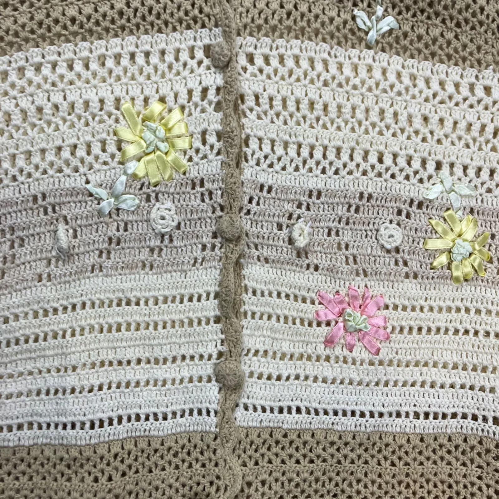 Vintage Cervelle Crochet Knit Button Up Cardigan Beige Cream Floral Applique 3X Tan - Image 11