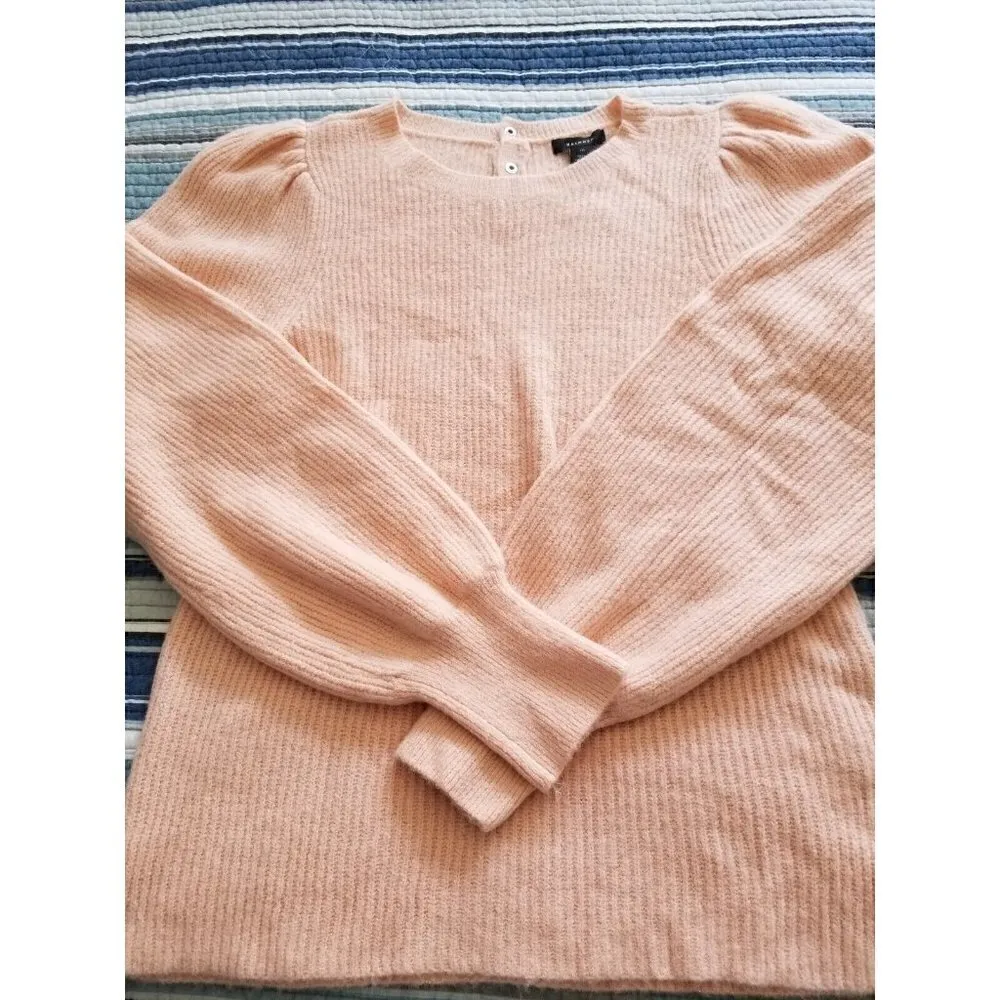 Halogen Blouson Sleeve Sweater Ribbed Knit Crew Neck Snap Button Back Pink Sz M - Image 5