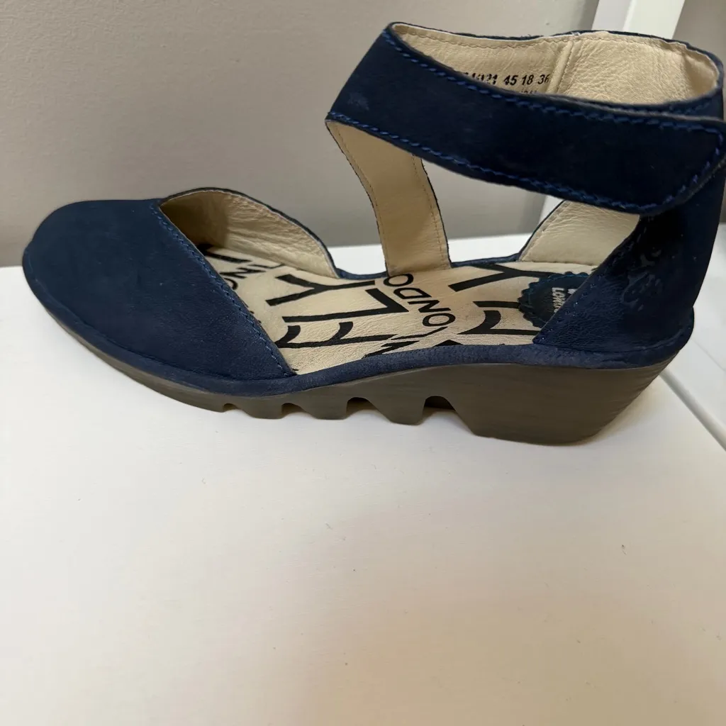 Fly London Navy Blue Suede Leather Cross Strap Shoes Wedge Size 36 5.5 Portugal - Image 3