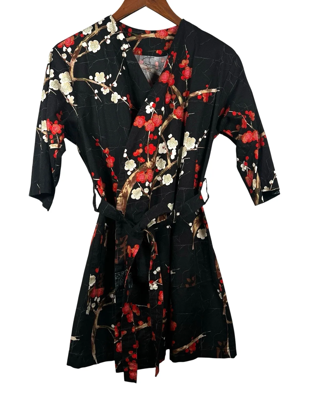 Black Japanese Cherry Blossom Print Short Robe With Belt Size Small/Medium - Image 1