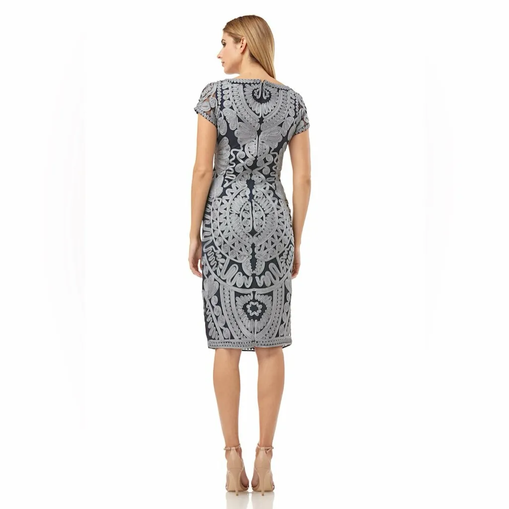 JS Collections Embroidered Mesh Short Sleeve Cocktail Dress Blue Gray 6 - Image 2
