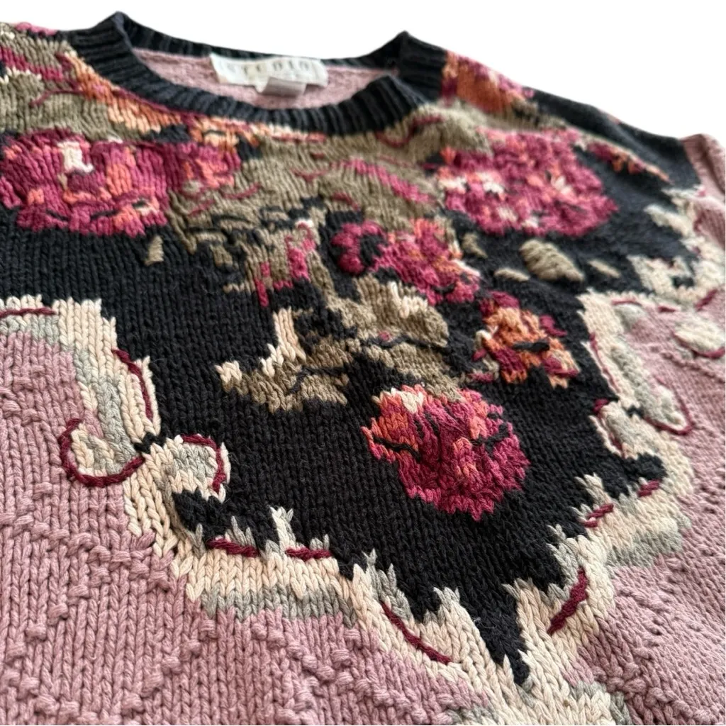 Vintage 80s 90s Studio x Michelle Stuart Roses Knit Sweater Size Small Pink - Image 5