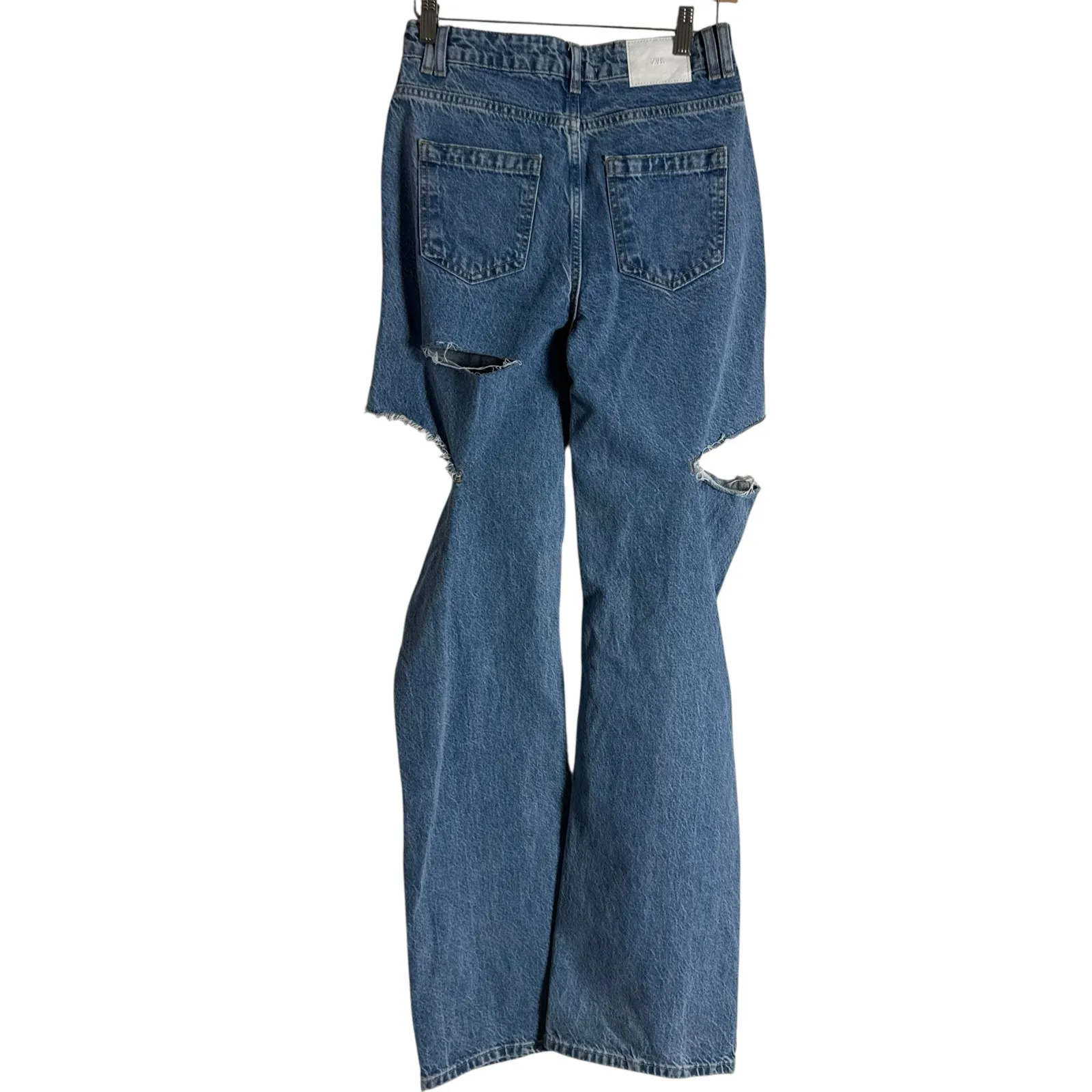 Zara Blue Denim Straight Leg High Rise Distressed Cut Destructed Jeans Size 4 - Image 8