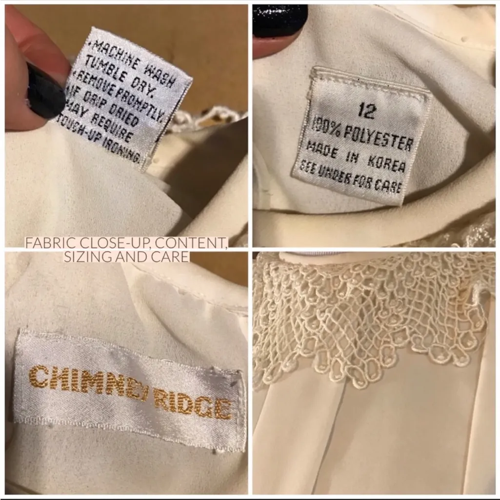 VINTAGE 1990'S CHIMNEY RIDGE CREAM PLEATED, TIE WAIST, CROCHET LACE BLOUSE (12) - Image 13