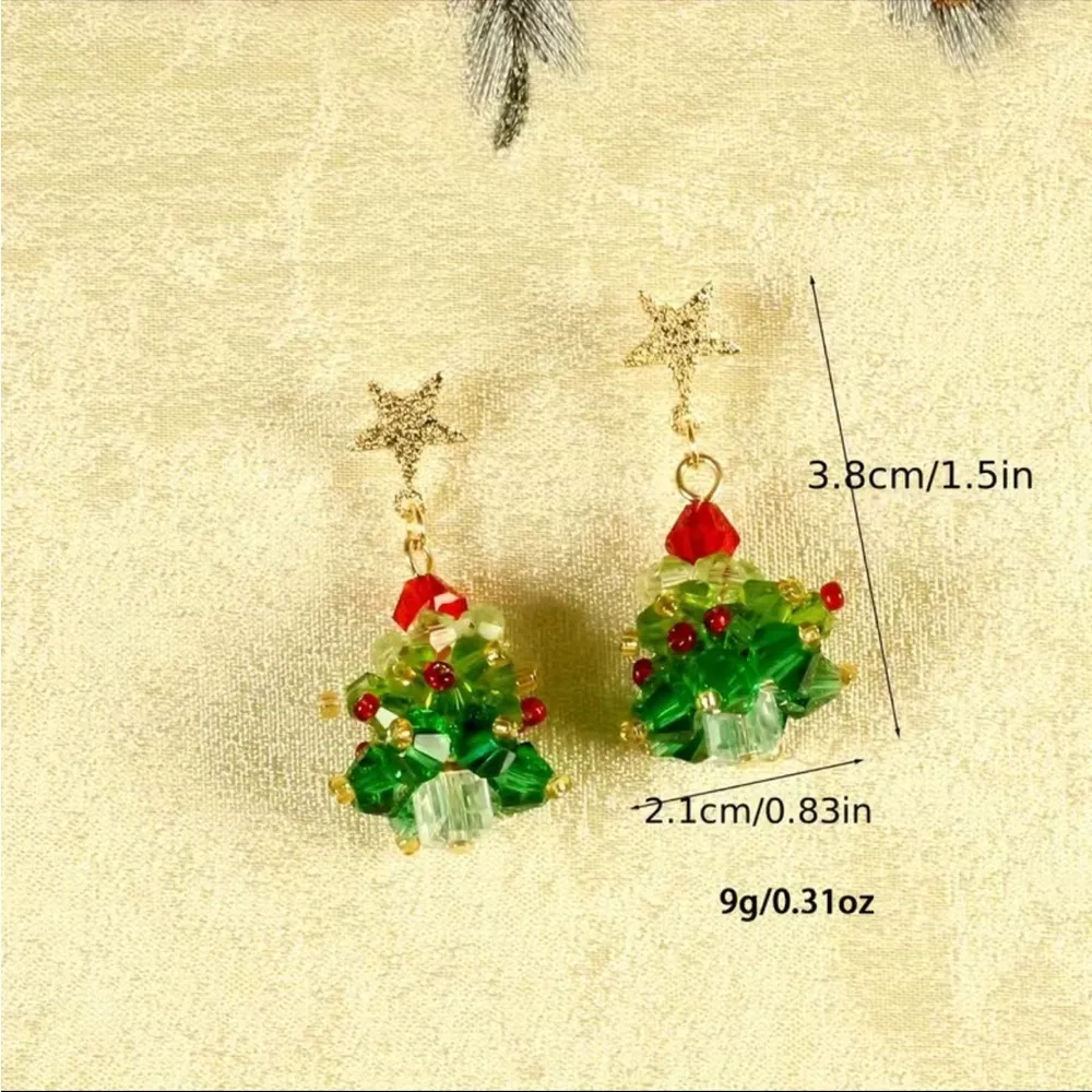 Artificial Crystal Christmas Tree Design Dangle Earrings Retro Simple Style Zinc Green - Image 3