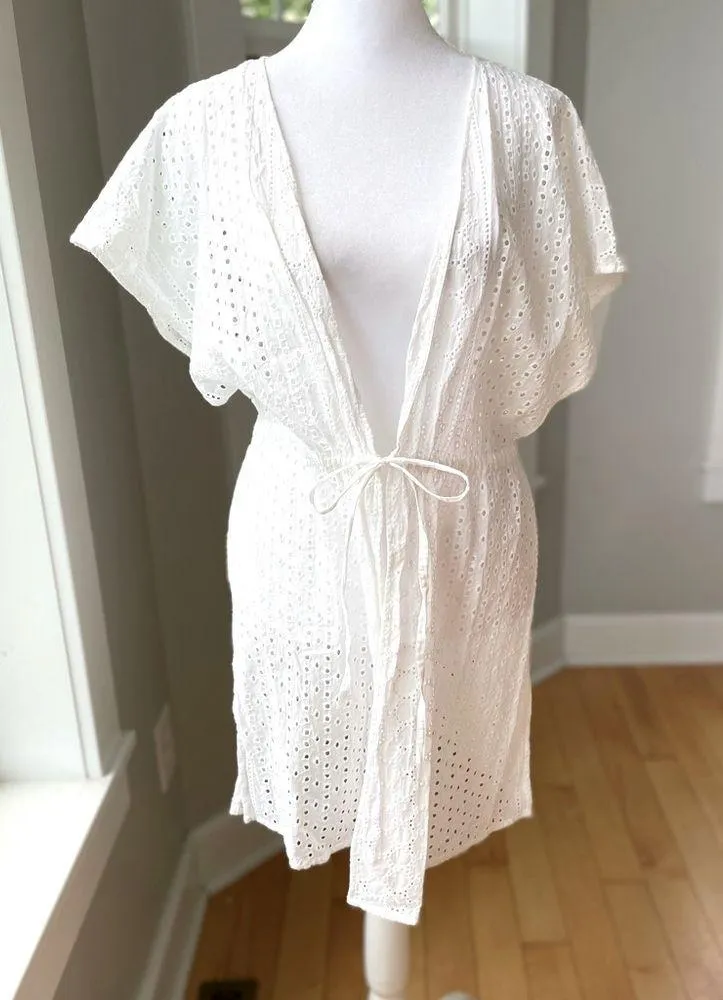Kona Sol White Cotton Eyelet Drawstring Tie Front Swim Coverup Size S/M - Image 2