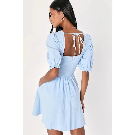 Lulus Dreaming Of Paris Blue Puff Sleeve Mini Dress With Pockets Size M‎ - Image 8