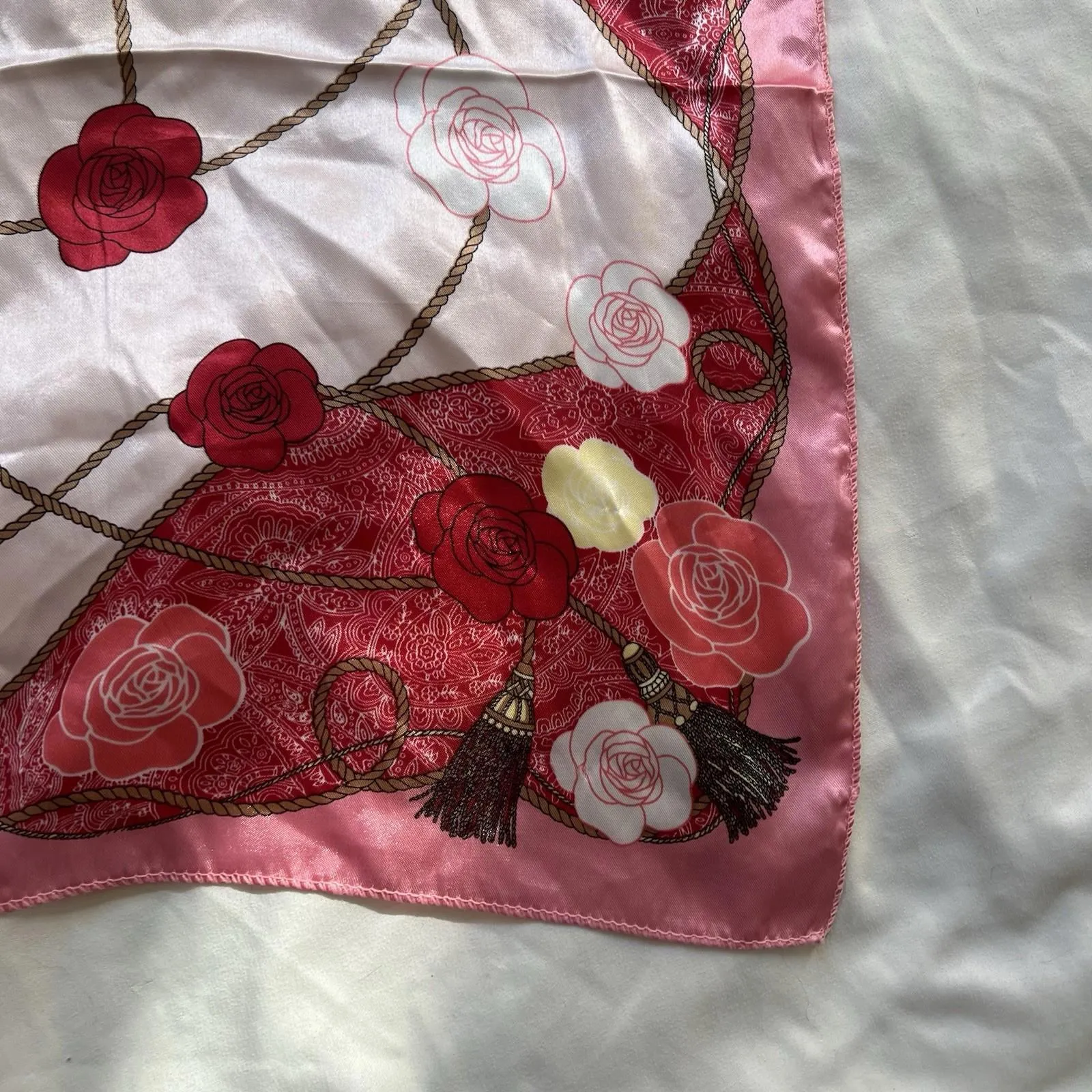 Vintage Style Pink Red Rose Floral Square Scarf Satin Bandana Head Hair Wrap - Image 2