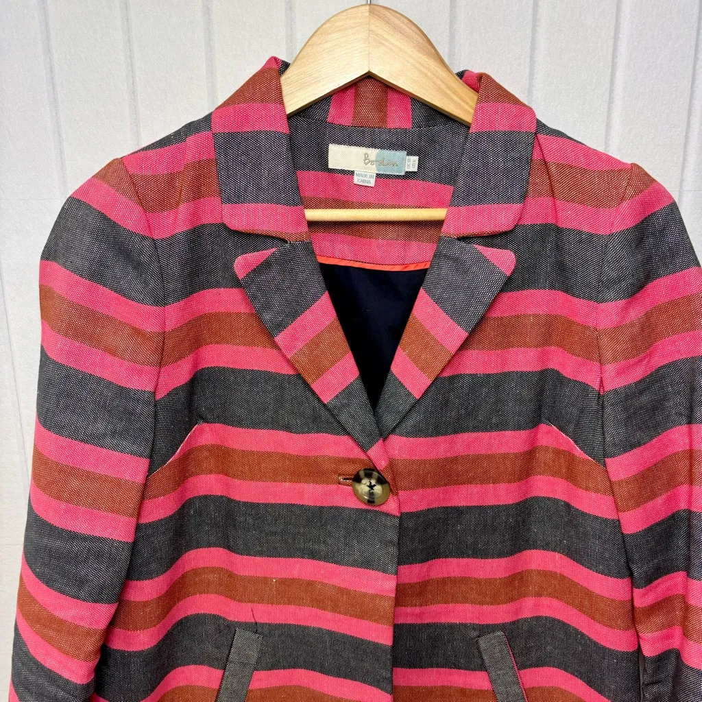 Boden‎ Canonbury Twill Cotton Linen Pink Blue Stripe Swing Coat Blazer Size 6 - Image 4