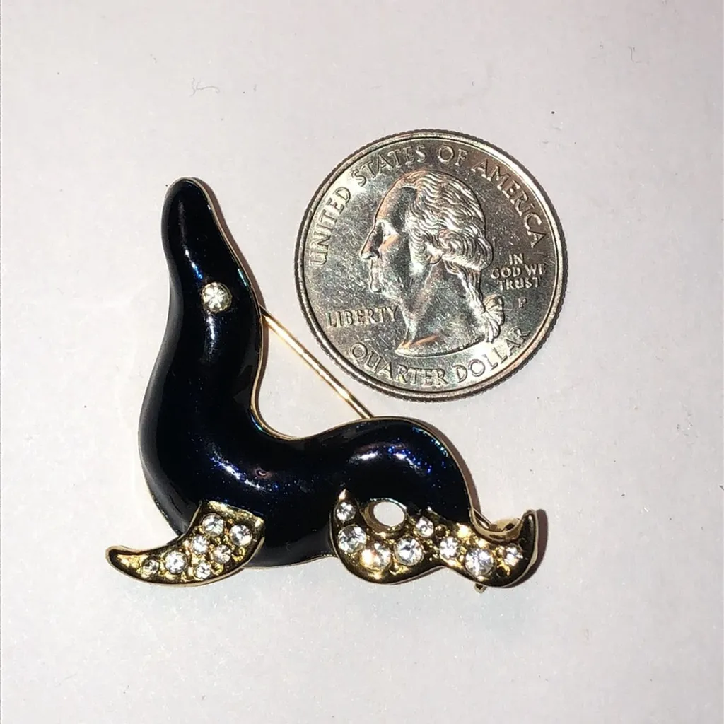 Vintage Blue Enamel CZ Rhinestones Seal Brooch Shoulder Pin - Image 3