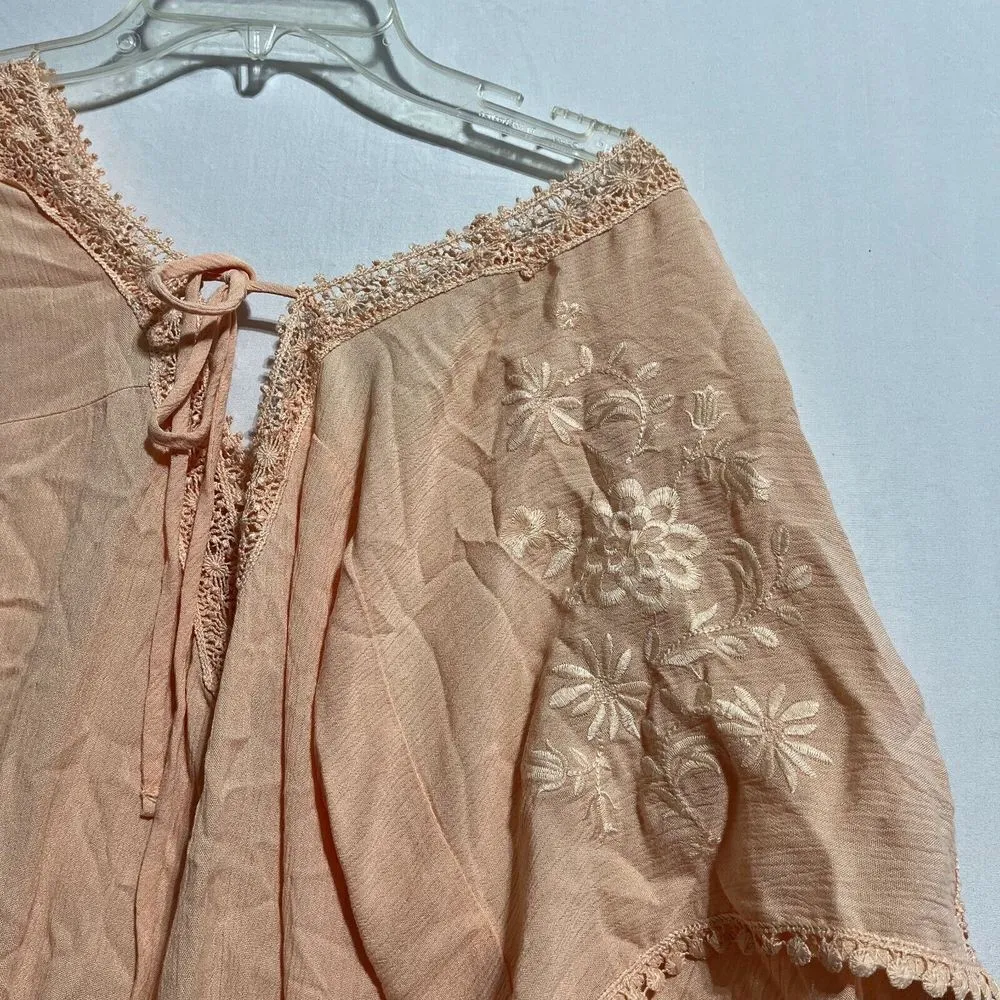 Self E Cropped Top Women XL Peach Crocheted Lace Trim Kimono Short Sleeve V - Image 5