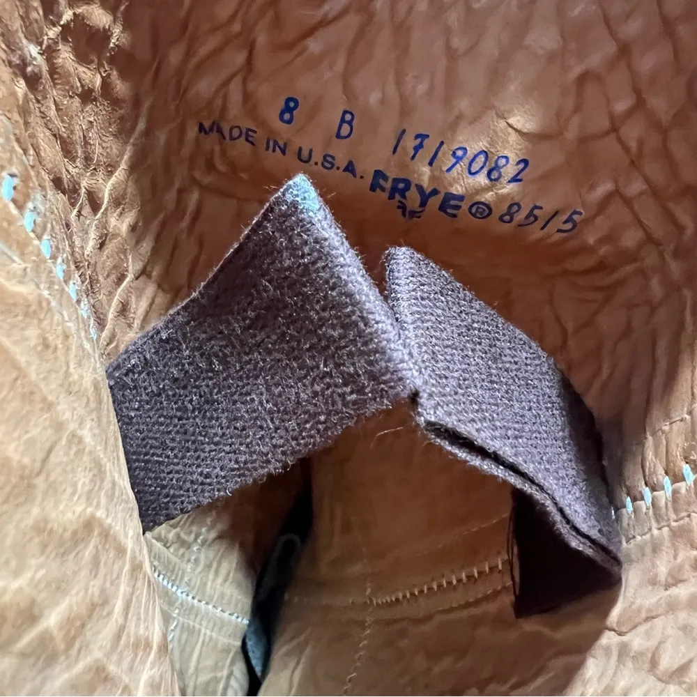 Vintage Frye Leather Tall Brown Heeled Boots Made in USA Size 8 pull on 70s boho - Image 12